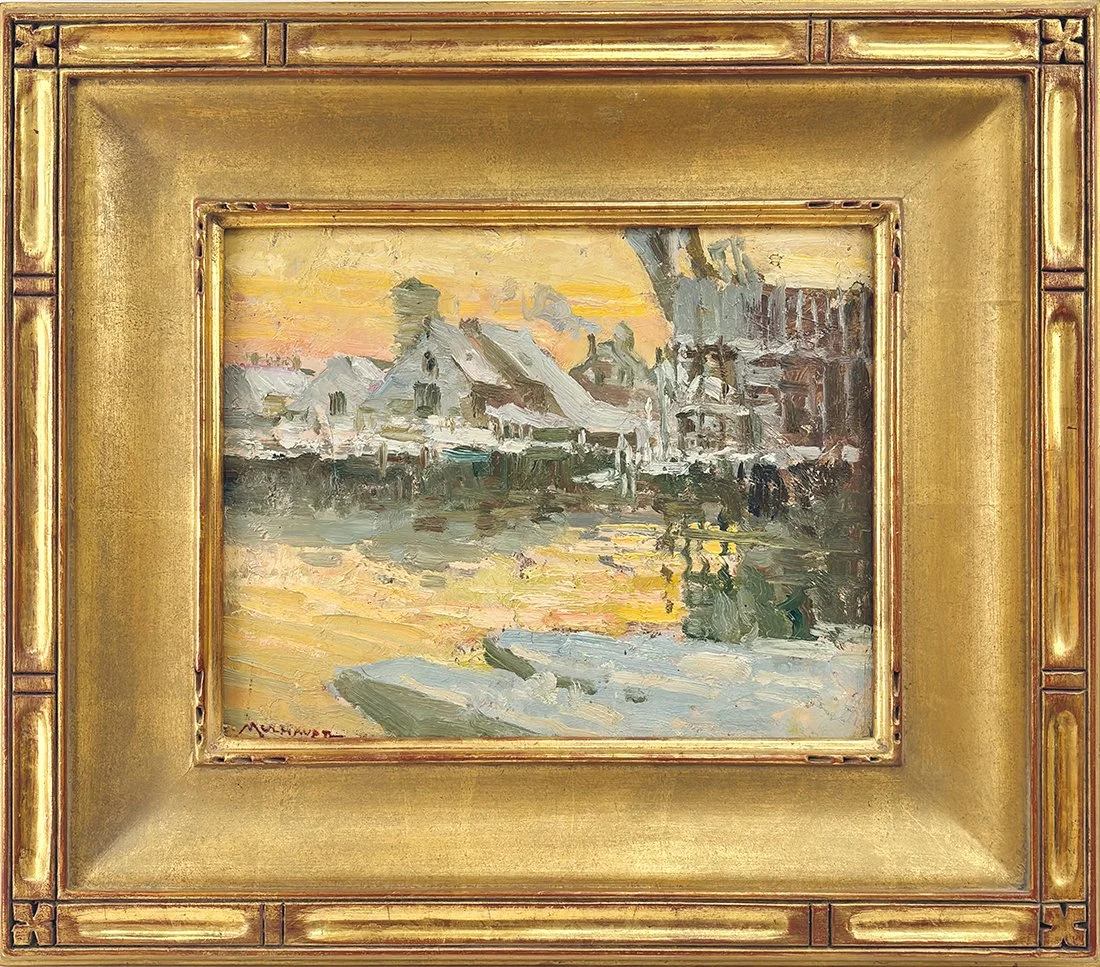   Lot 144 - Frederick Mulhaupt (1871-1938)  Gloucester Harbor at Dawn   oil on board, 8 x 10 in., estate stamped on front and verso very good, estimate: $10,000–$12,000 