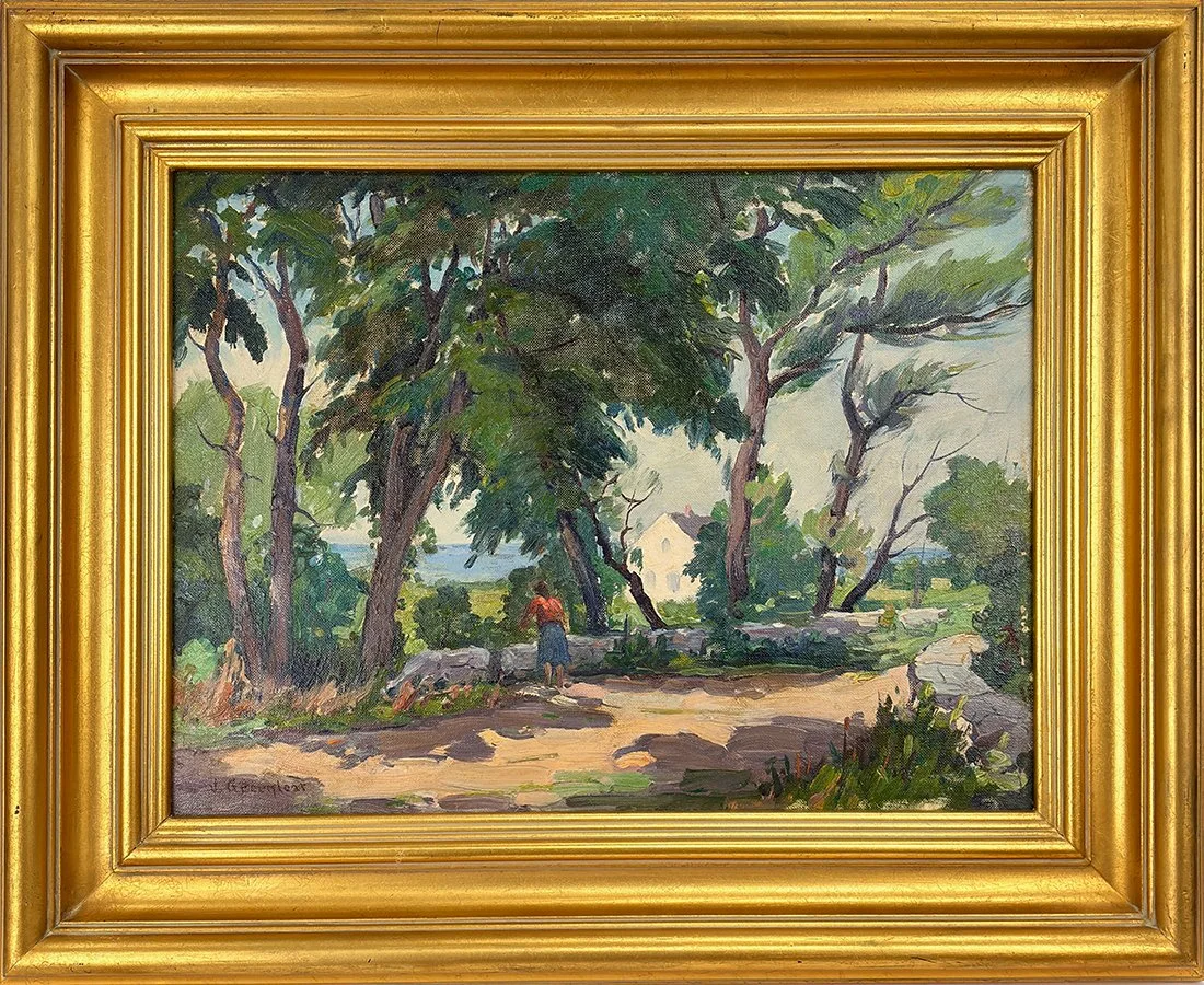   Lot 146 - Jacob Greenleaf (1887-1968)  Mill Pond Lane, Rockport, MA   oil on canvas panel, 12 x 16 in., signed l.l. very good, estimate: $400–$600 