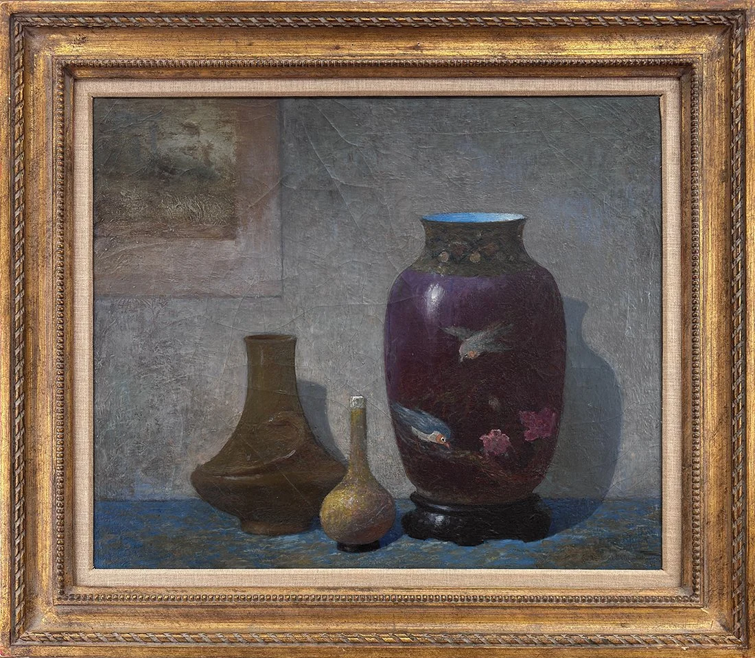   Lot 148 - Ernest Albert (1857–1946)  Plum Colored Cloisonne   oil on canvas, 20 x 24 in., signed l.r. good, estimate: $1,500–$2,500 (professionally relined) 