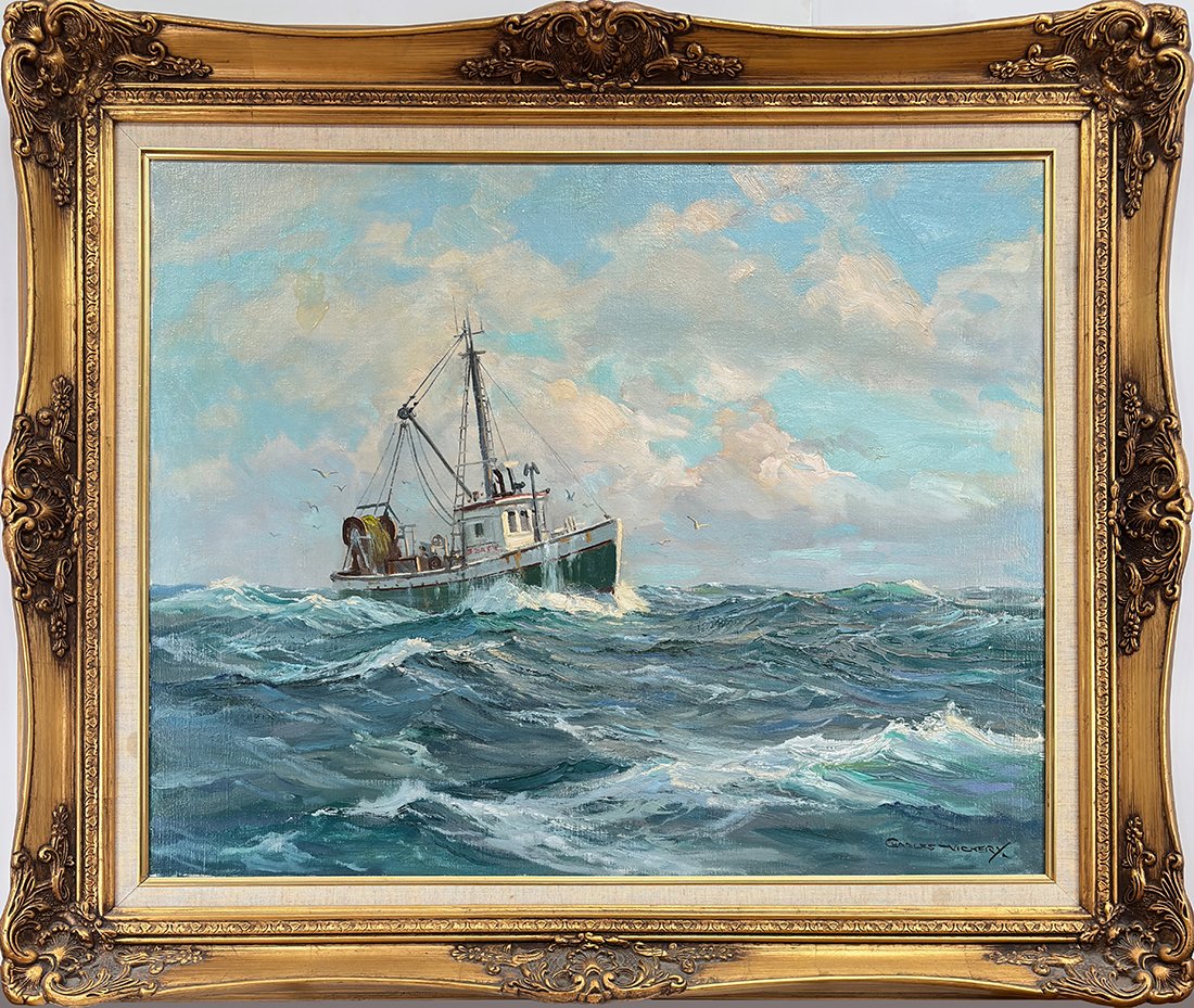   Lot 147 - Charles Vickery (1913-1998)  Fishing Boat at Sea   oil on canvas, 24 x 30 in., signed l.r. very good, estimate: $3,000–$5,000 