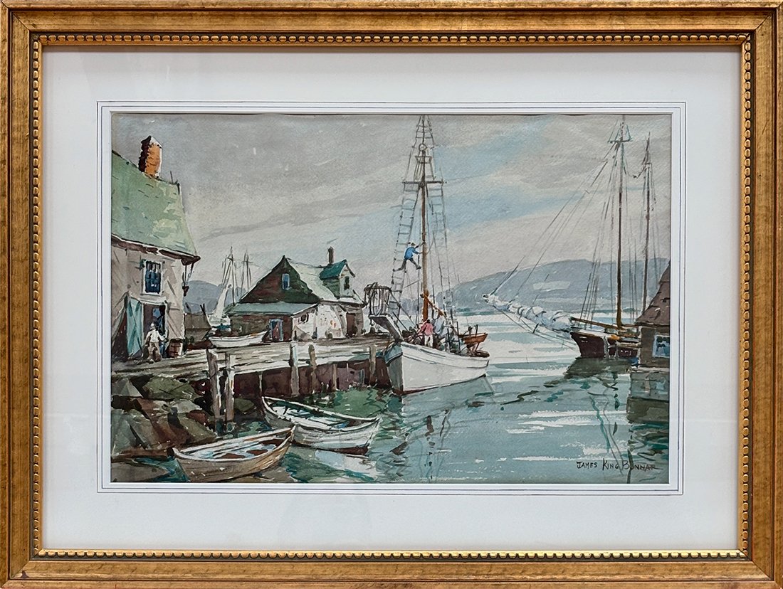   Lot 155 - James King Bonnar (1883-1961)  Inner Harbor, Low Tide   watercolor, 13.75 x 20.75 in., signed l.r. very good, estimate: $200–$400 