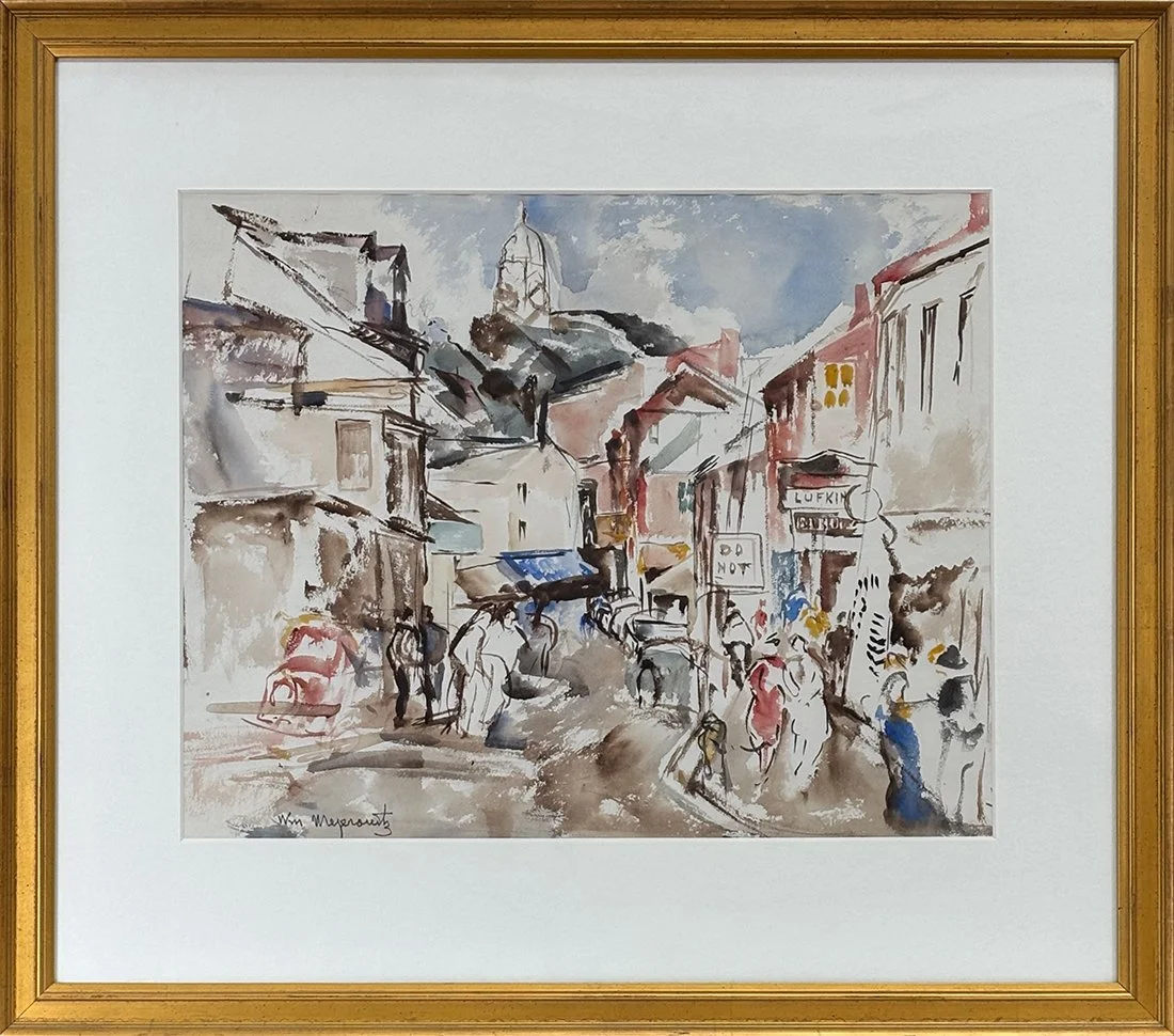   Lot 159 - William Meyerowitz (1887-1981)  Lower Main Street, Gloucester   watercolor, 13.75 x 17.25 in., signed l.l. very good, estimate: $1,300–$1,600 