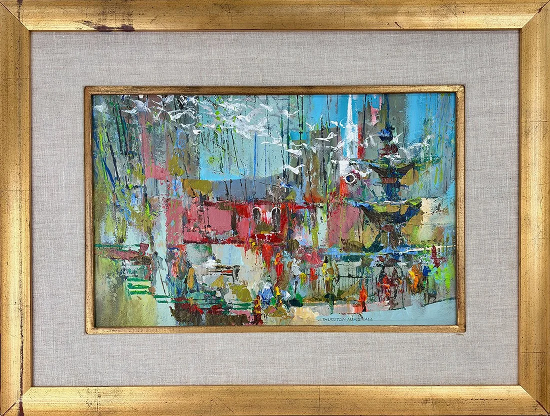   Lot 160 - J. Thurston Marshall (1908-1982)  Park Street Pigeons, Boston   acrylic on board, 12.75 x 19.75 in., signed l.r. very good, estimate: $400–$600 