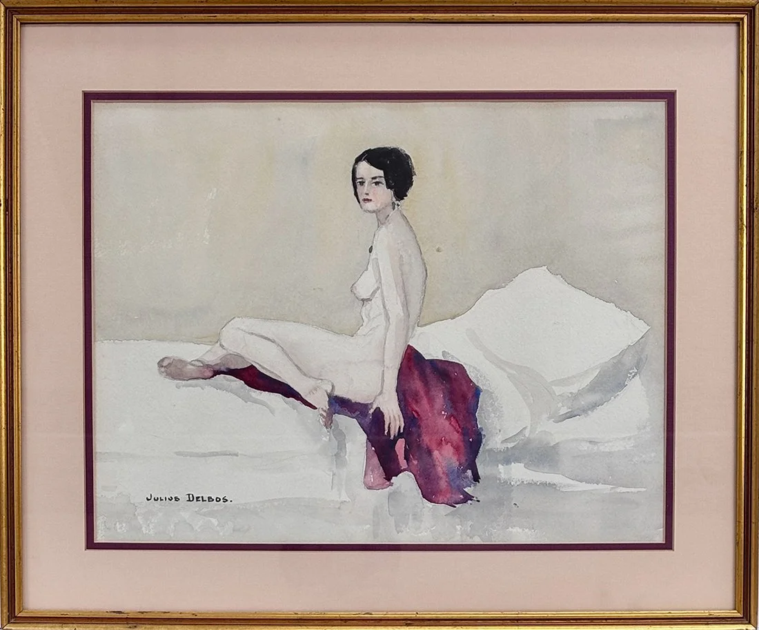   Lot 163 - Julius Delbos (1879-1970)  Sitting Nude   watercolor, 11.75 x 15.25 in., signed l.l. very good, estimate: $200–$400 