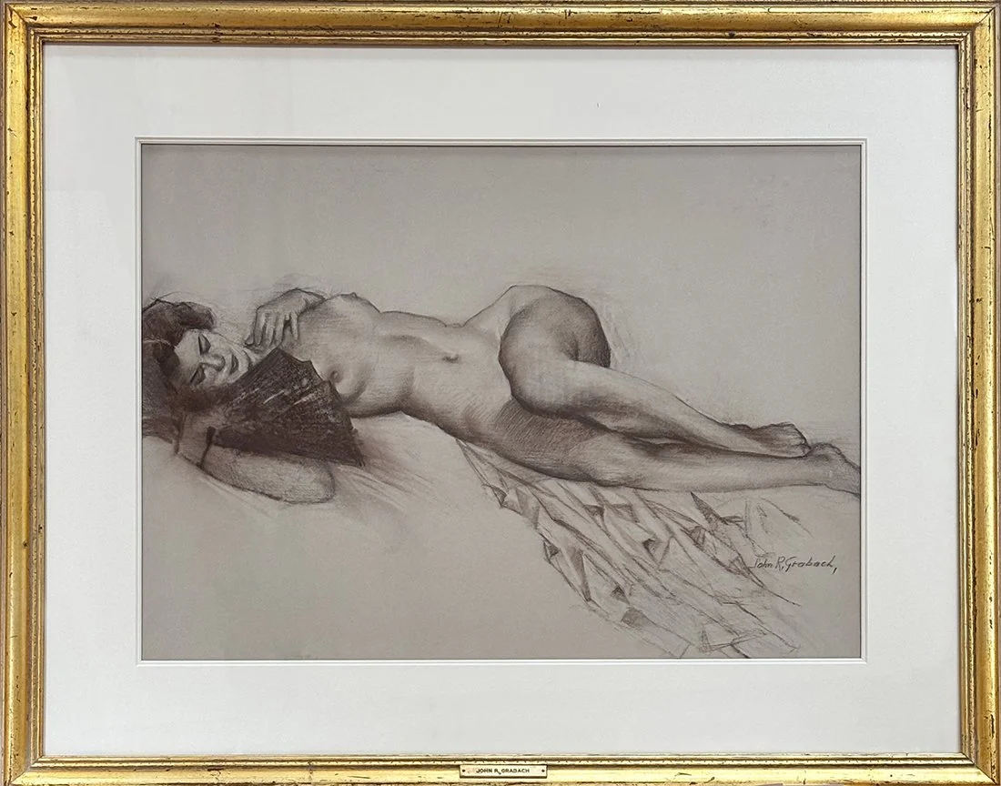  Lot 165 - John R. Grabach (1886-1981)  Reclining Nude Woman   conté drawing, 17.5 x 24.75 in., signed l.r. very good, estimate: $600–$800 
