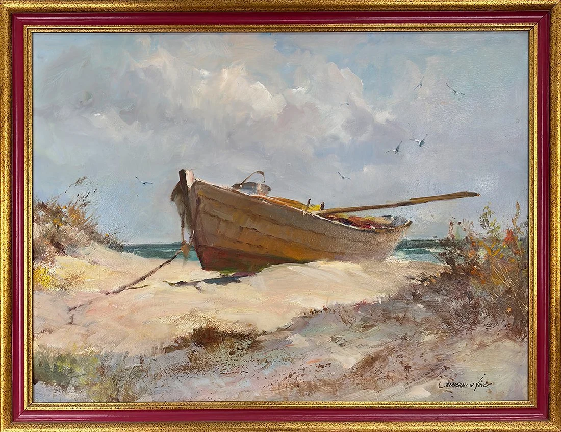   Lot 182 - Marshall W. Joyce (1912-1998)  Beached Dory   oil on board, 18 x 24 in., signed l.r. very good, estimate: $600–$900 