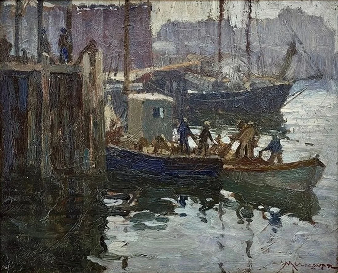  Feature Consignment:  Lot 130 - Frederick Mulhaupt (1871-1938)  Mending the Nets, Gloucester   oil on board, 8 x 10 in. 