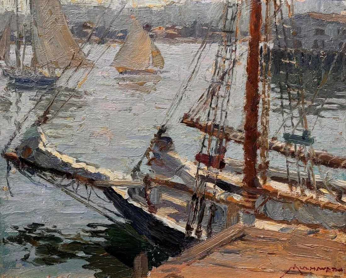  Feature Consignment:  Lot 128 - Frederick Mulhaupt (1871-1938)  Gloucester Harbor   oil on board, 8 x 10 in. 