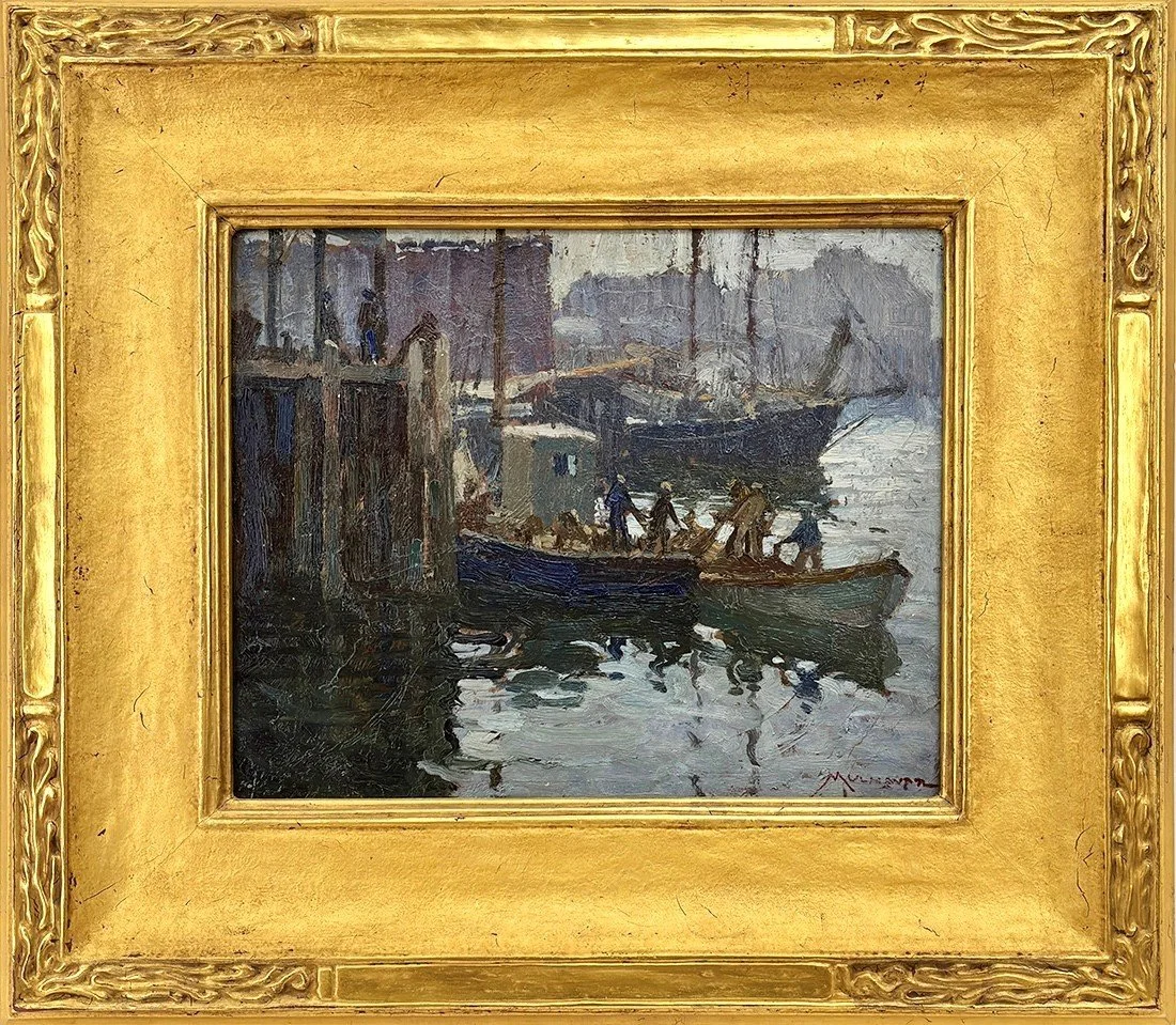   Lot 130 - Frederick Mulhaupt (1871-1938)  Mending the Nets, Gloucester   oil on board, 8 x 10 in., estate stamped on front and verso very good, estimate: $10,000–$12,000 