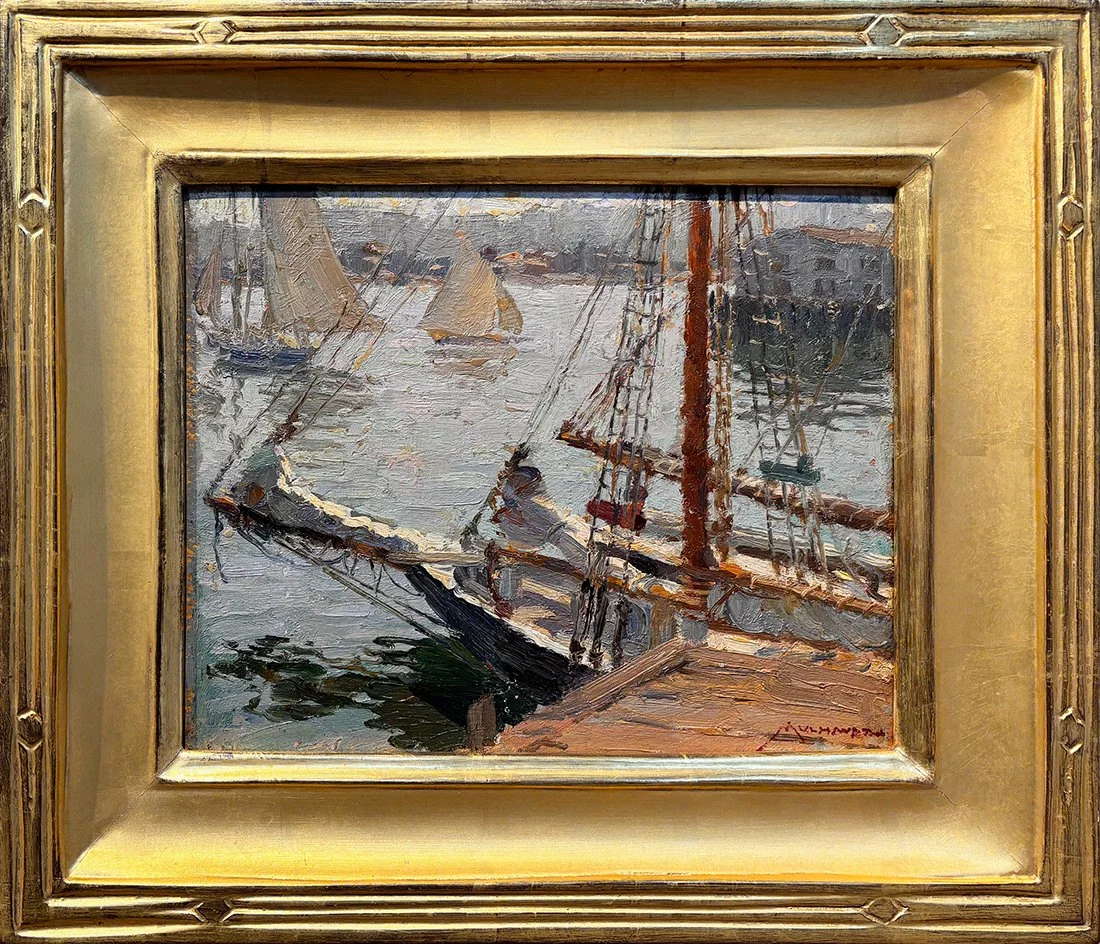   Lot 128 - Frederick Mulhaupt (1871-1938)  Gloucester Harbor   oil on board, 8 x 10 in., estate stamped on front and verso very good, estimate: $10,000–$12,000 