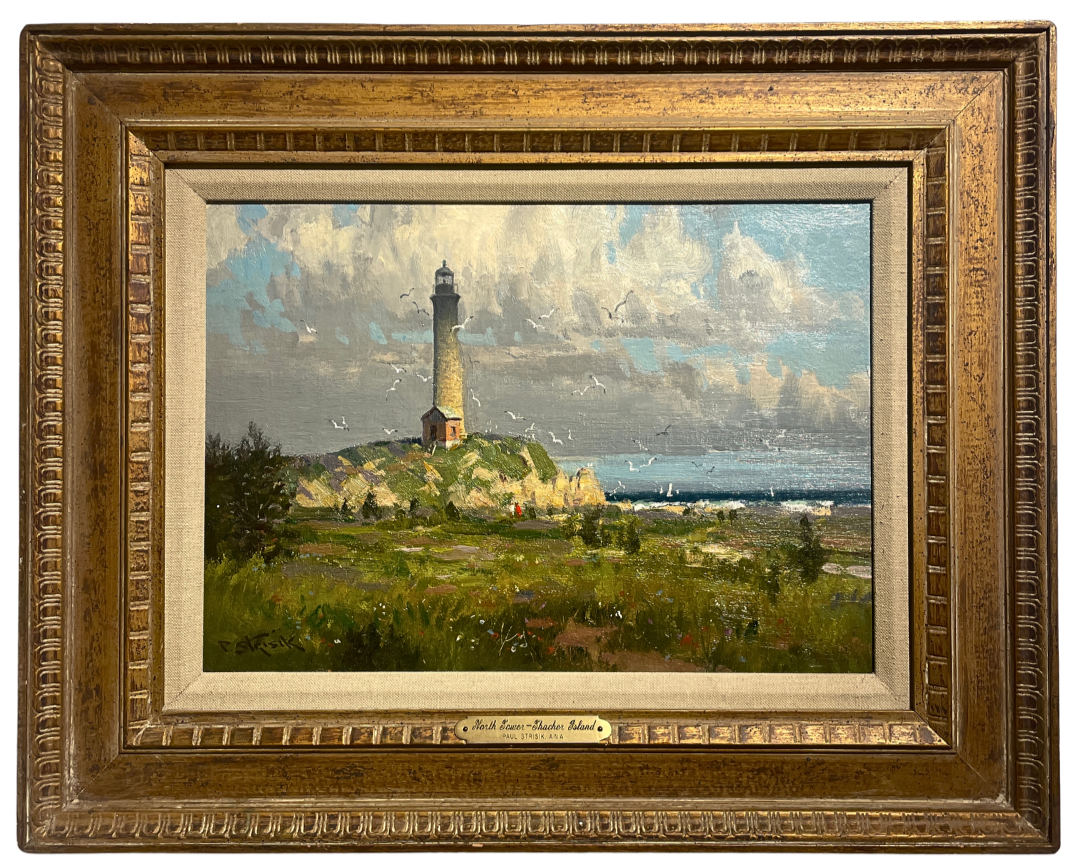   Paul Strisik (1918-1998)    North Tower - Thacher Island   Oil on Canvas mnt. on Board, 10 × 14 in. Price: $2,800 –  SOLD  