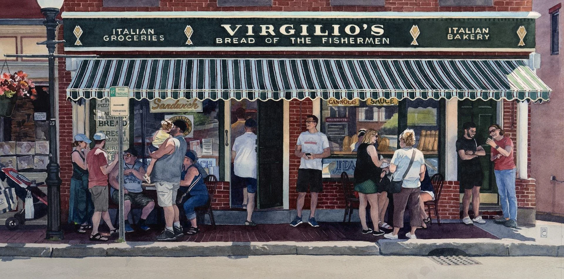   Mary Chandler ,  Lunch with Sinatra  Watercolor, 10 × 20 in. $2,000 