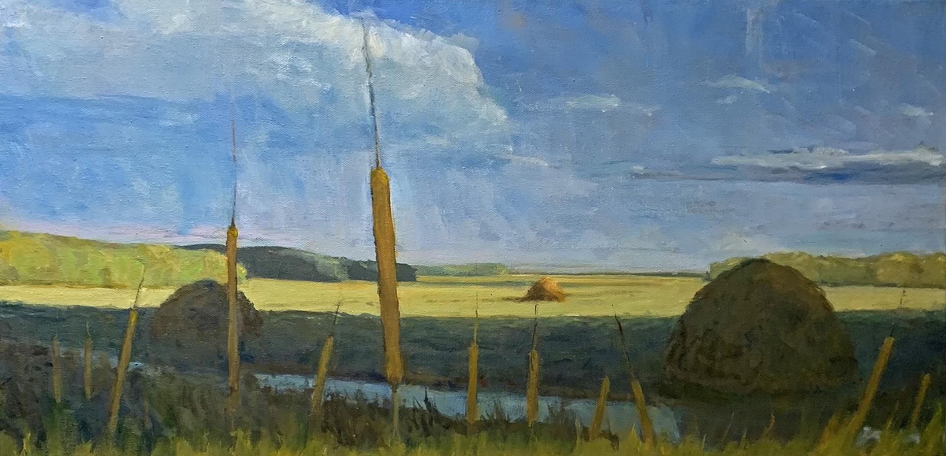   Mike Dorsey ,  Hay Stacks and Cat Tails  Oil, 12 × 24 in. $1,800 