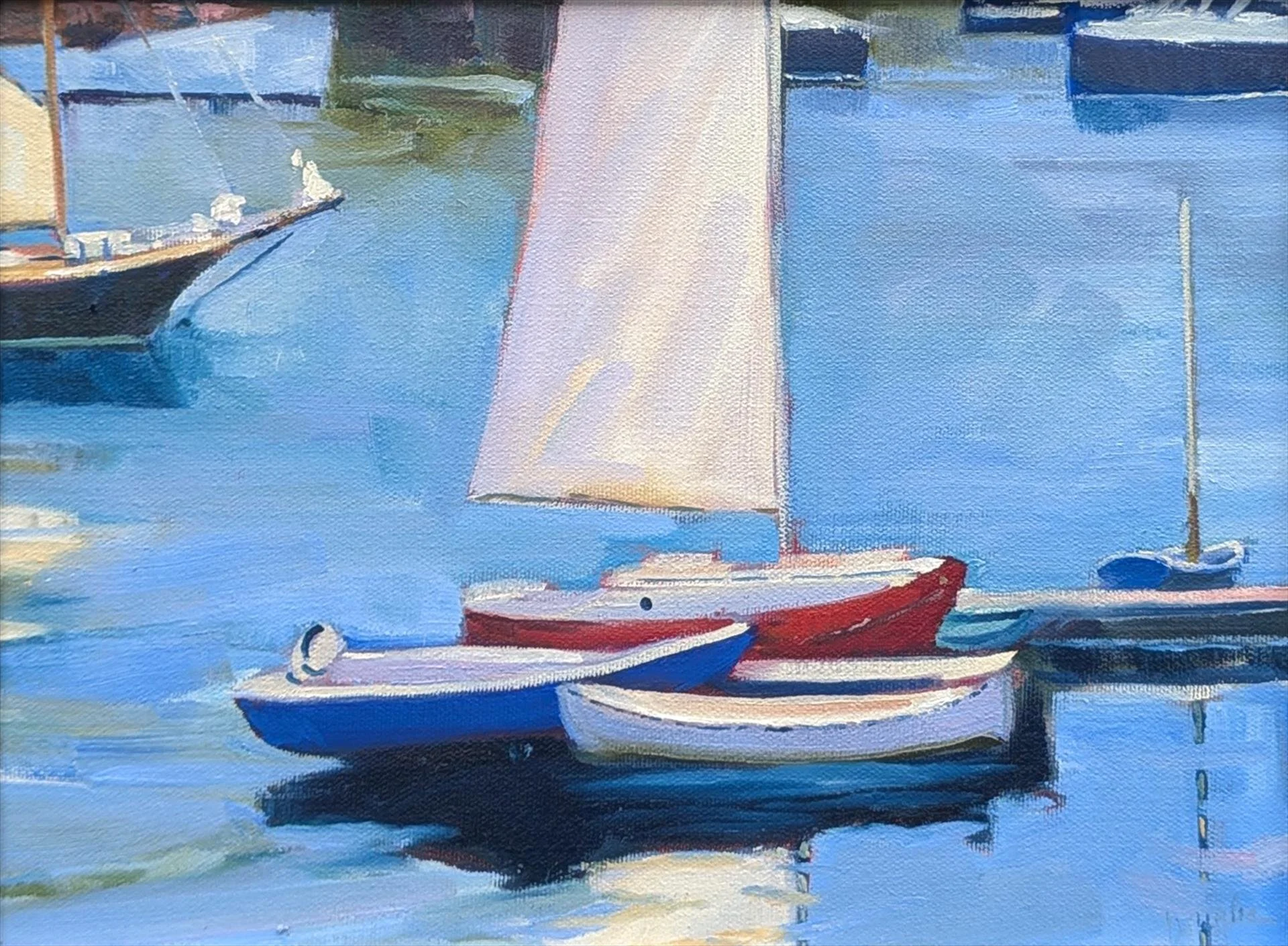   Carol Douglas ,  Drying Sails at Camden Harbor  Oil on Linenboard, 9 × 12 in. $956 