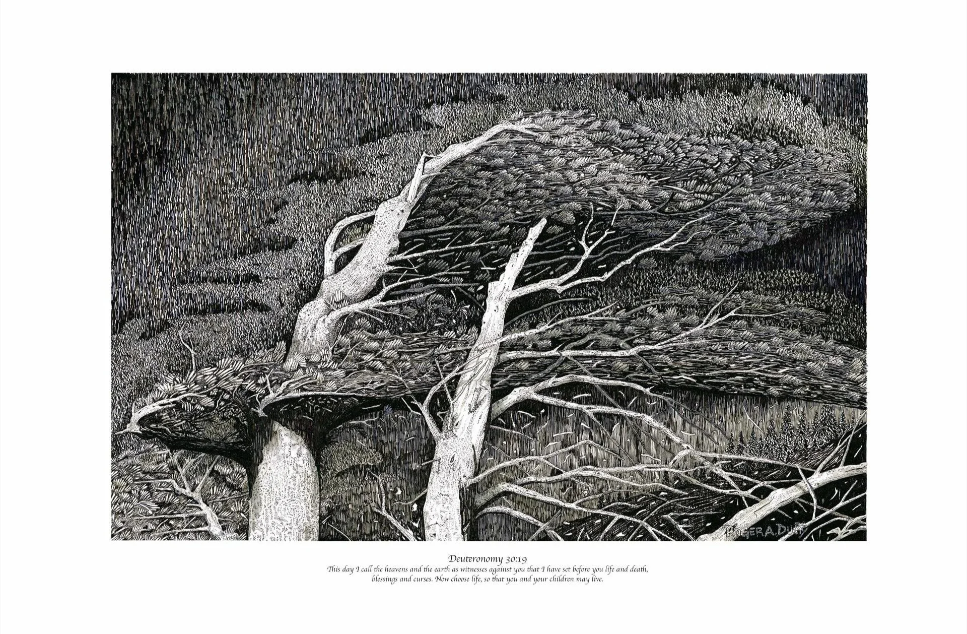   Roger Duffy ,  Deuteronomy 30:19  Pen &amp; Ink, 19 × 25 in. $2,425 