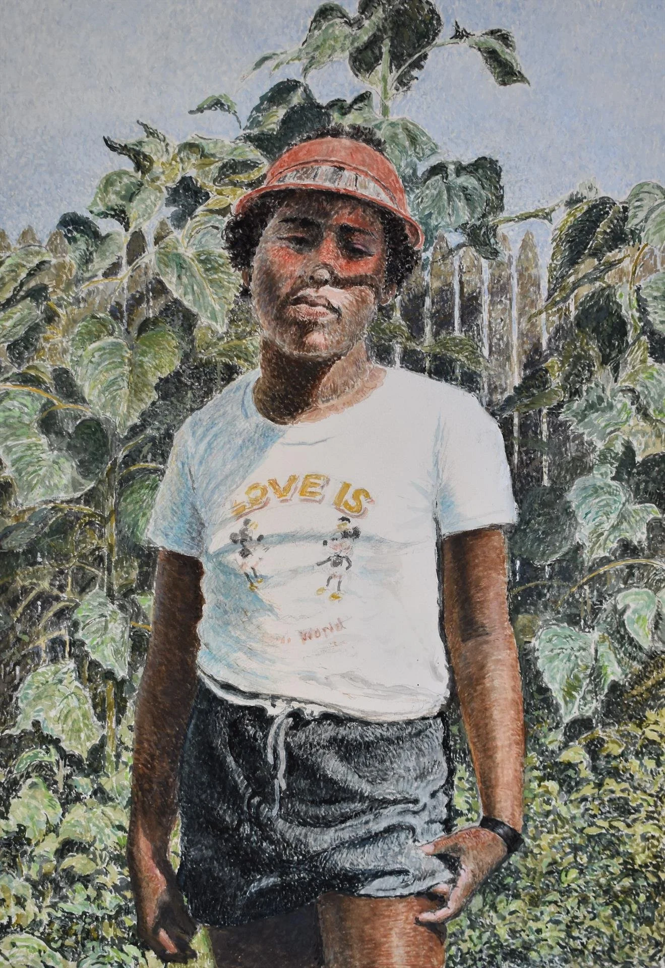   Richard Gerber ,  Jennifer in Red Plastic Visor  Watercolor on Paper, 20 × 14 in. $1,600 