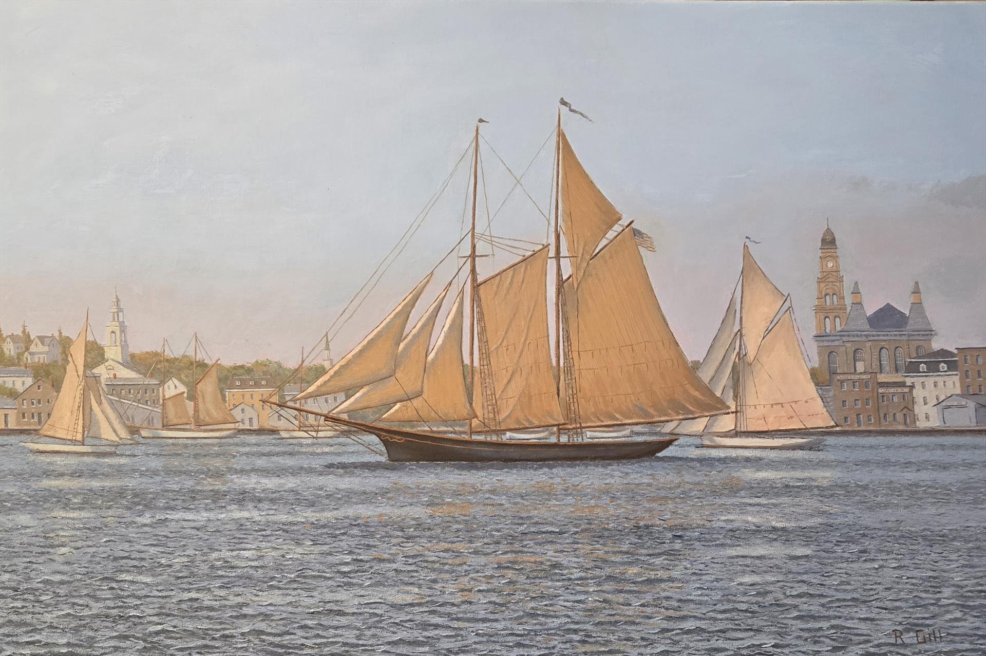   Roger Gill ,  Schooners Making Harbor  Oil on Linen, 24 × 36 in. $6,000 