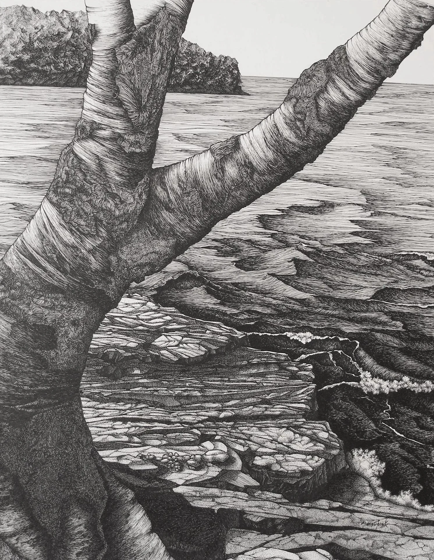   Sue Funk ,  Barbara's Beach  Pen &amp; Ink, 30 × 24 in. $2,400 