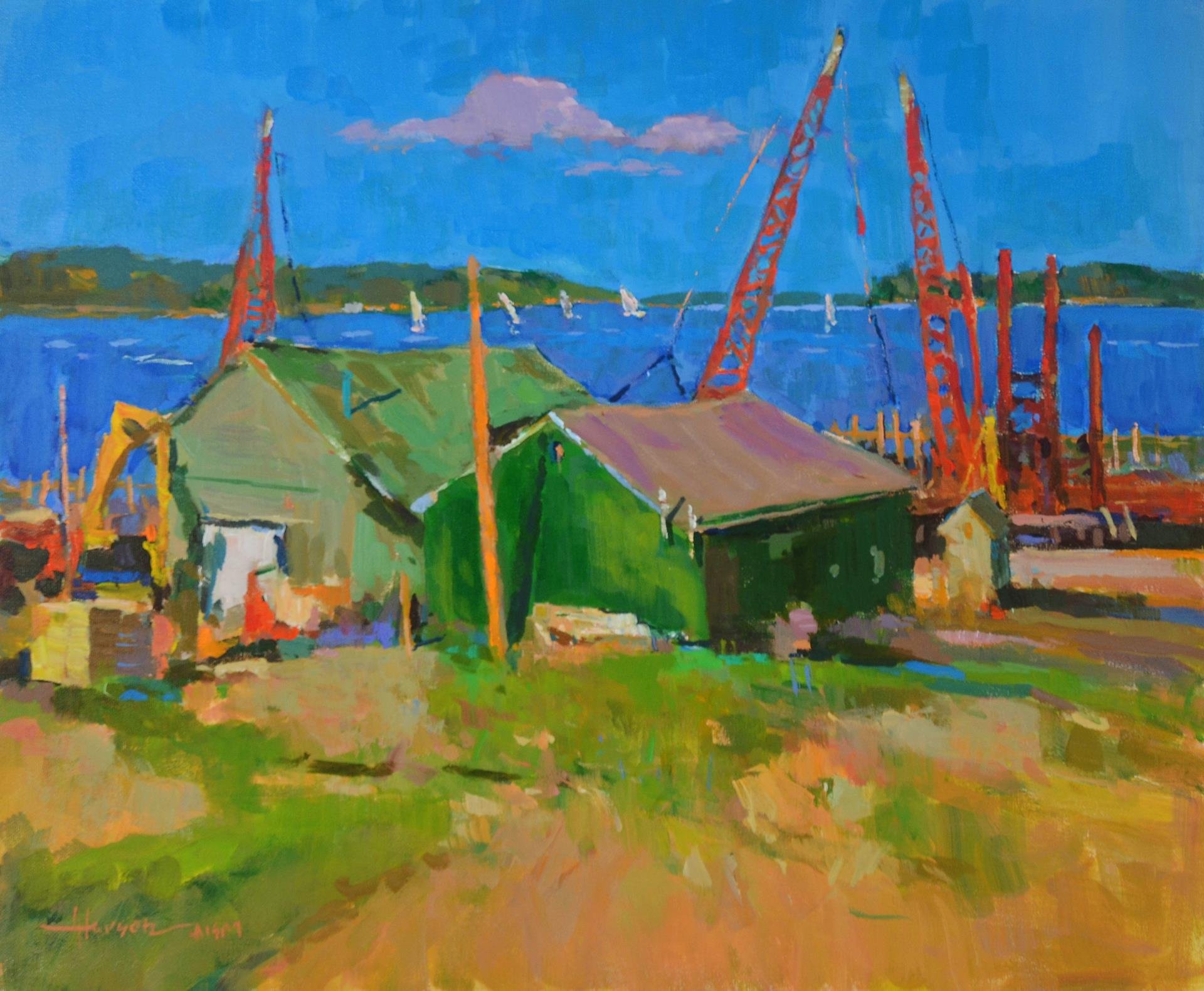   Ann Larsen ,  Dock Work  Acrylic, 20 × 24 in. $3,800 