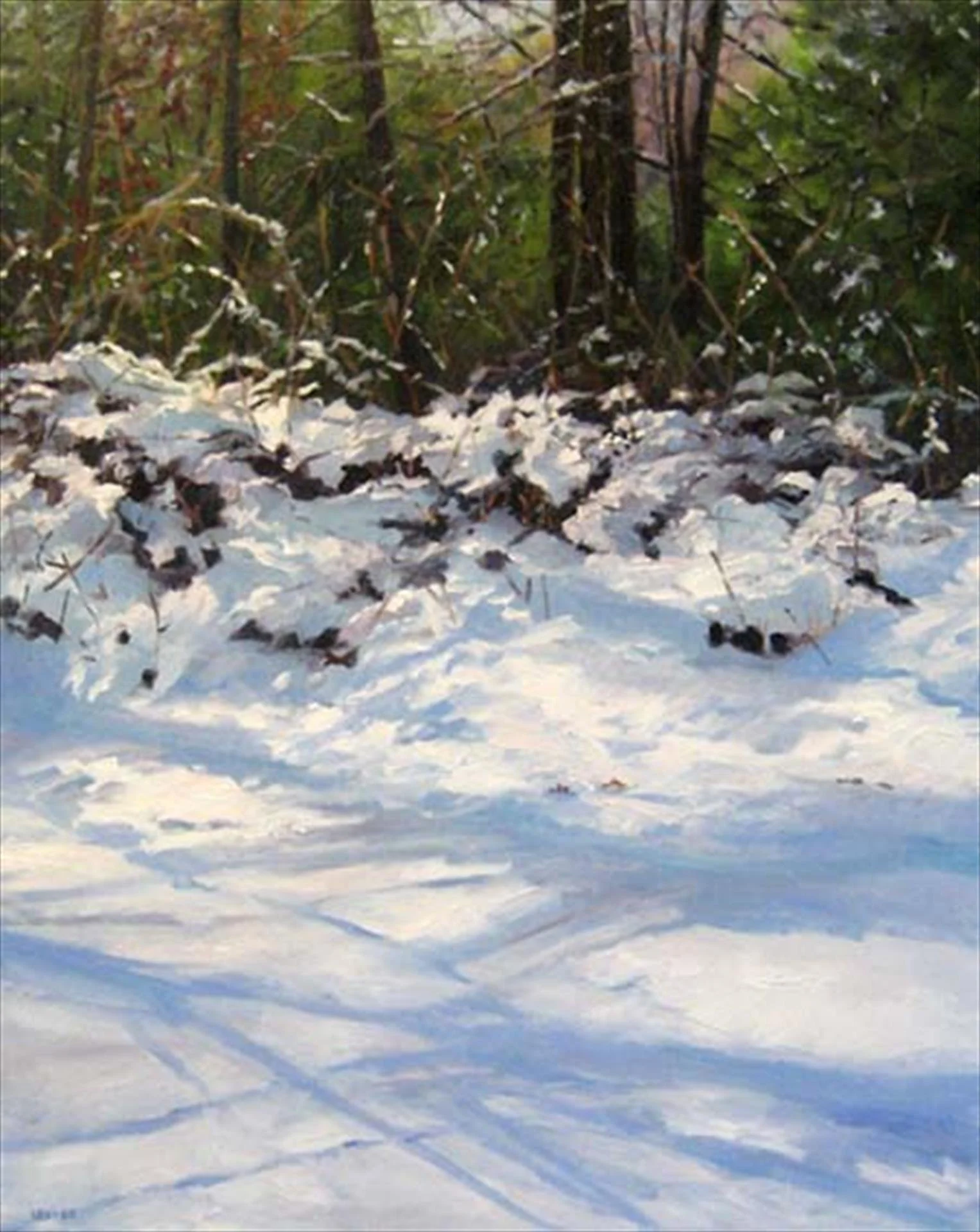   Barbara Levine ,  Snow at the Border - No Ice  Oil, 28 × 22 in. $3,600 