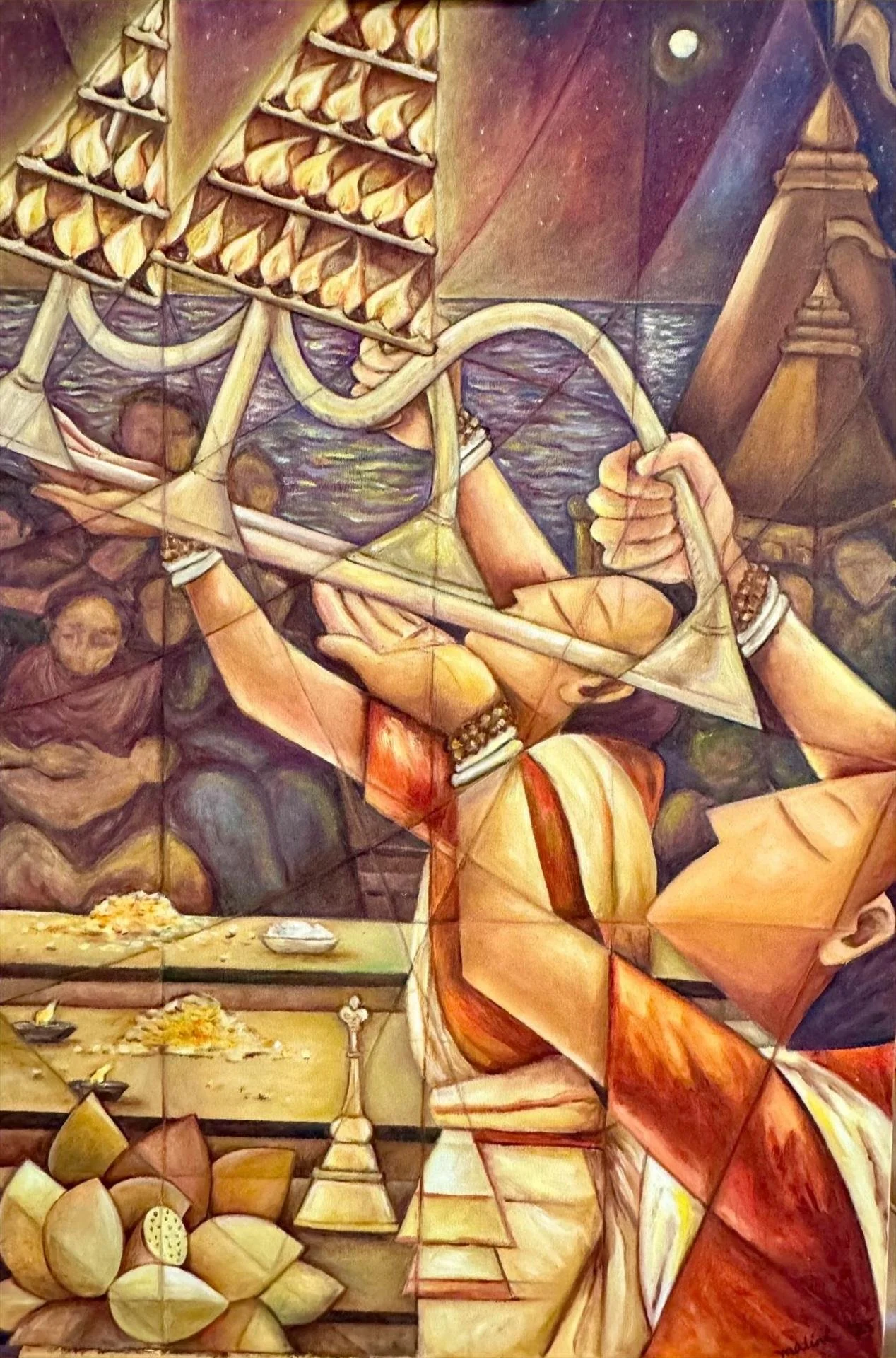   Malini Rao ,  Ganga Arati  Oil on Canvas, 36 × 24 in. $4,200 