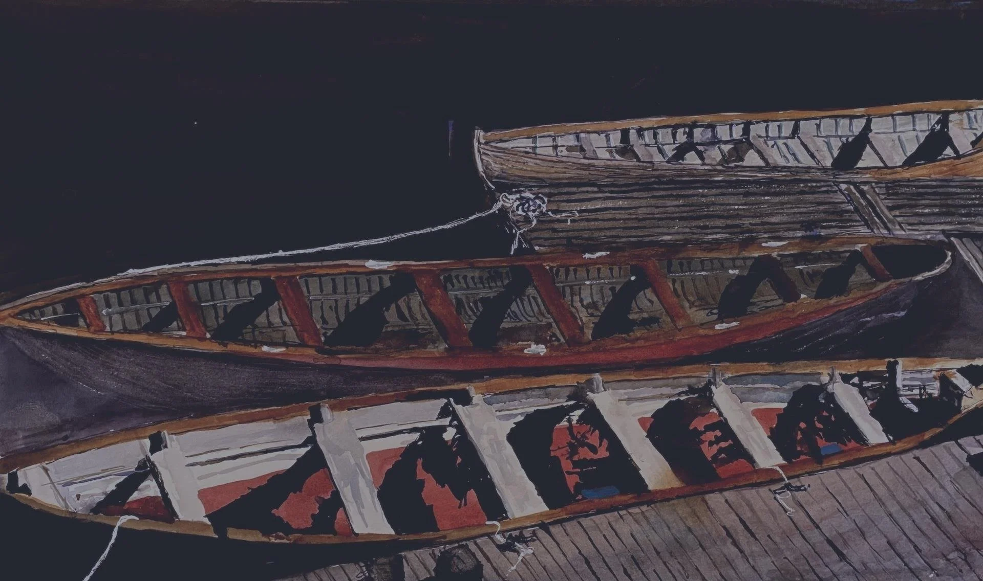   Bruce Shaw ,  Docked Skiffs  Watercolor, 10 × 17 in. $650 