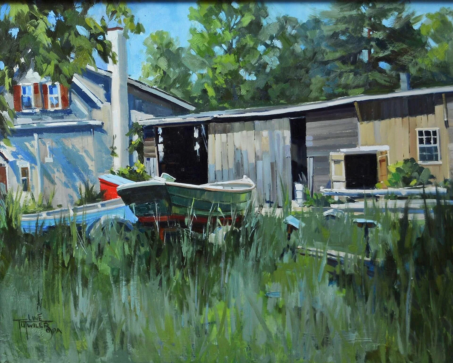   Liné Tutwiler ,  The Boatyard  Oil, 16 × 20 in. $3,000 