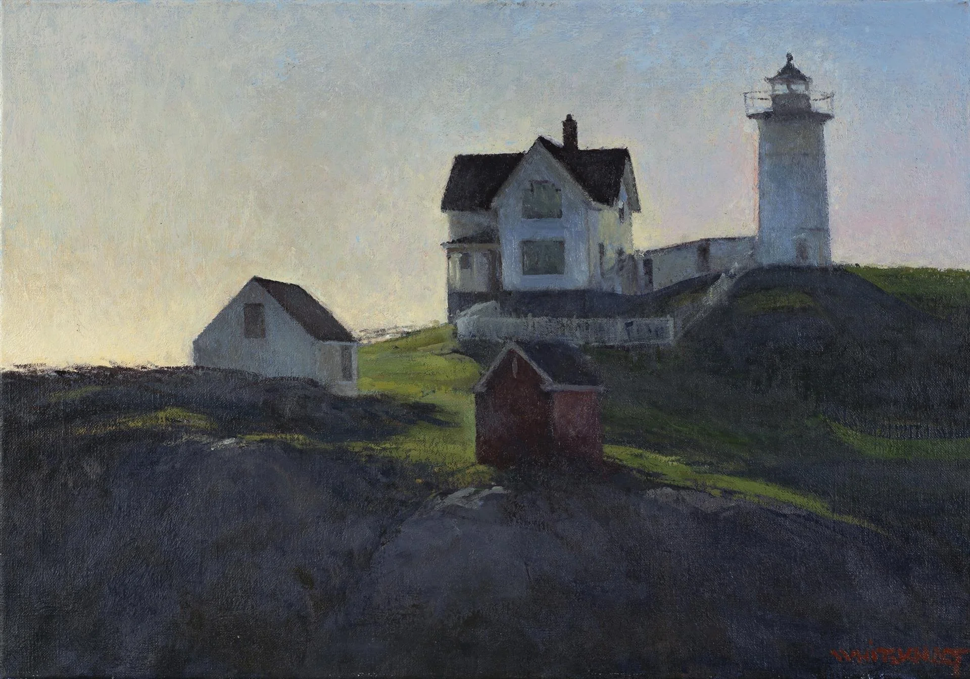   Daniel Whiteknact ,  Sunrise at Nubble Light  Oil on Linen, 14 × 20 in. $7,500 