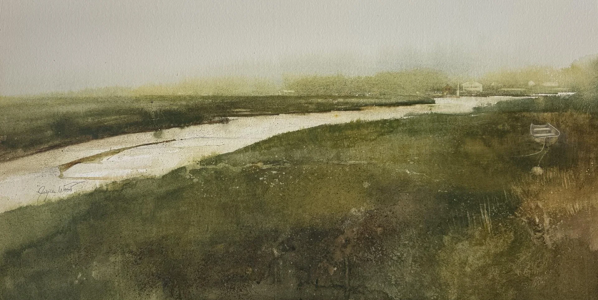   Joyce Wood ,  Wells, Maine  Watercolor, 10.5 × 20.5 in. $2,800 