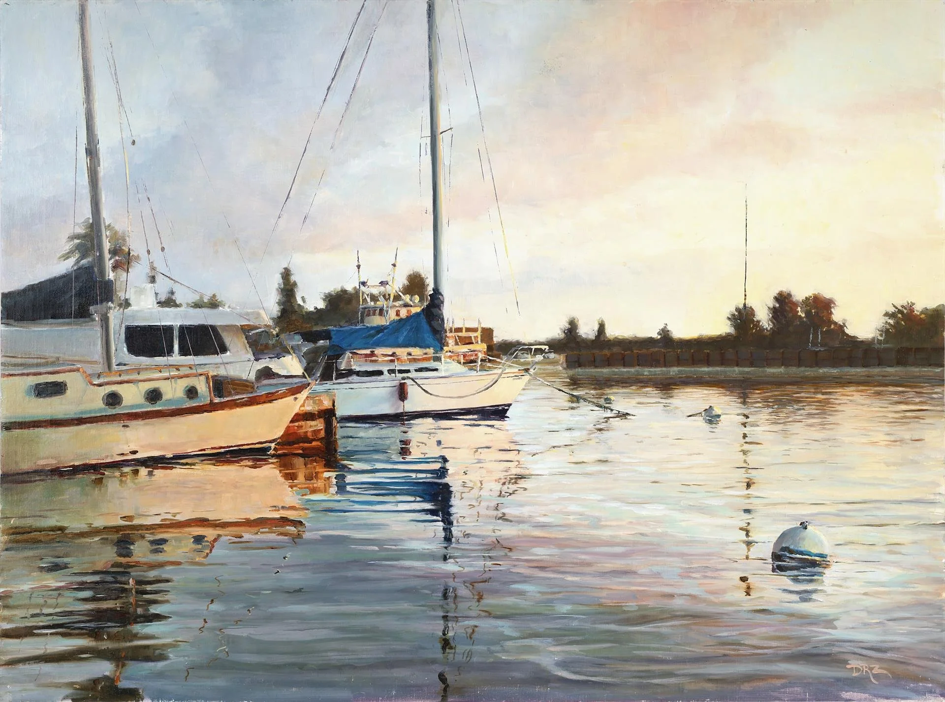   Desiree Zaslow ,  Walking the Docks at Dawn  Oil on Linen Panel, 18 × 24 in. $5,400 