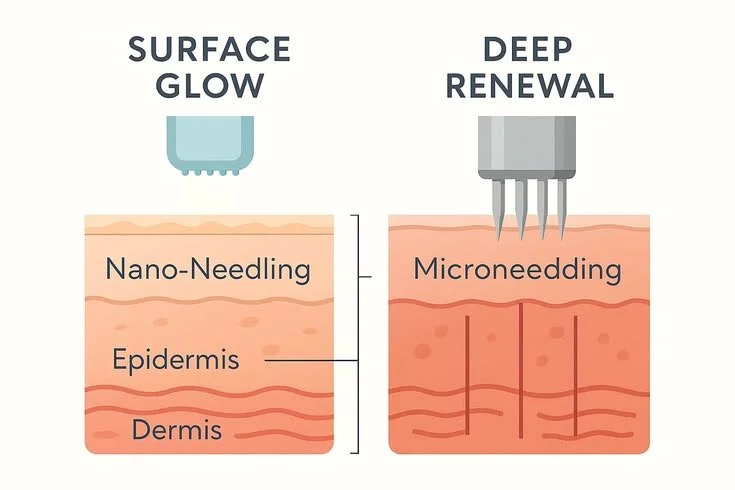Grafische Darstellung des Vergleichs zwischen Surface Glow und Deep Renewal mit unterschiedlicher Eindringtiefe in die Hautschichten.
