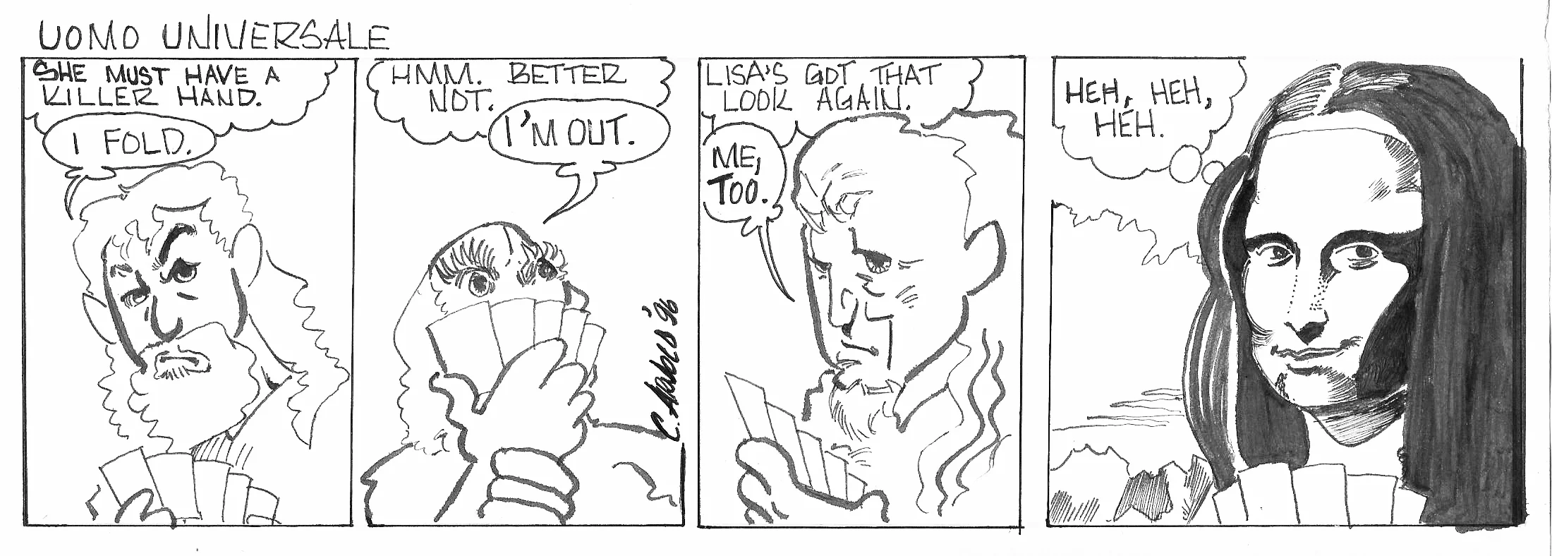 “Uomo Universale” (Renaissance Man) was my first comic strip in the style of newspaper strips. Prior to this, my comics were always in comic book or graphic novel format. This series appeared in a free monthly local arts publication, “Scene.” This series appeared circa 1996-ish. At the time in my life I was studying art history, reading a lot of “Non Sequitur” and “The Far Side” and I worked for a national toy retailer. You can find examples of all of these things in this strip. See “Uomo Universale” here.