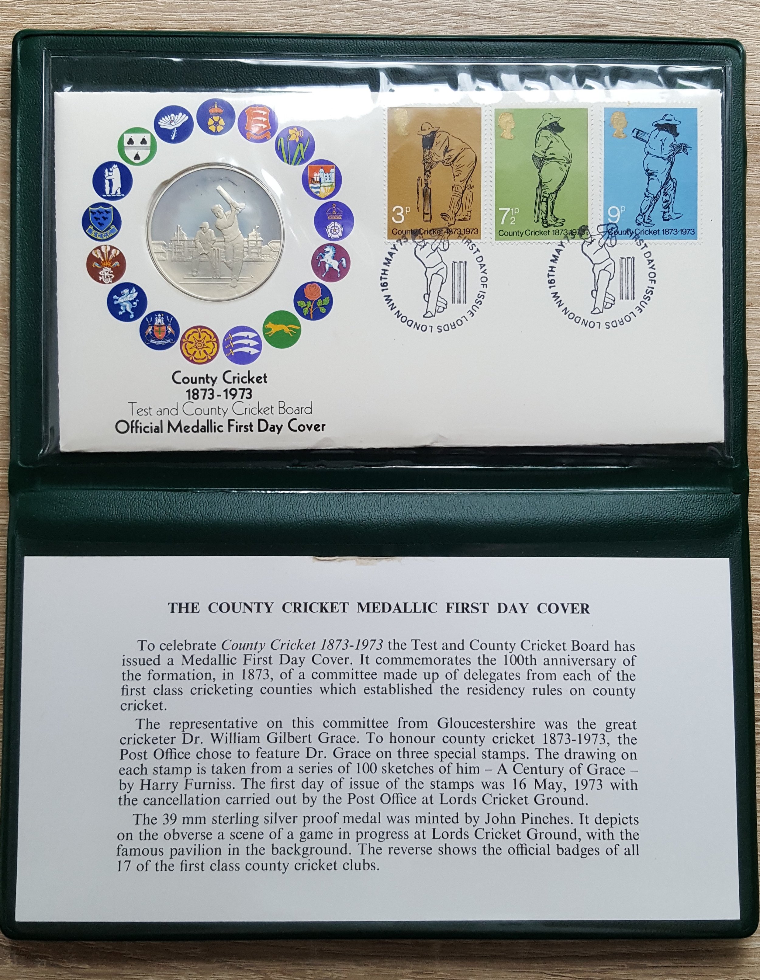Cricket Board 1873 - 1973 Medallic (Sterling Silver Proof) First Day Cover.  