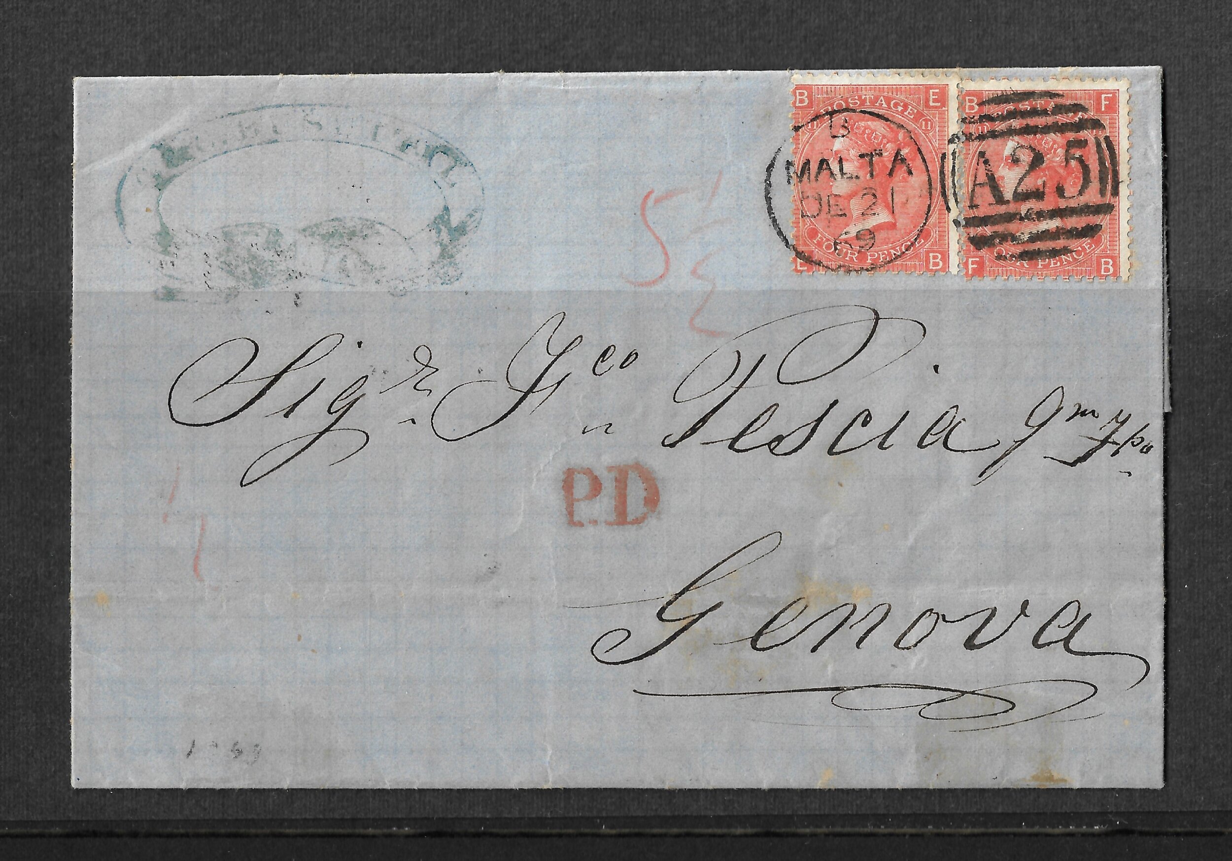 Cover sent From Malta to Genoa 1869.