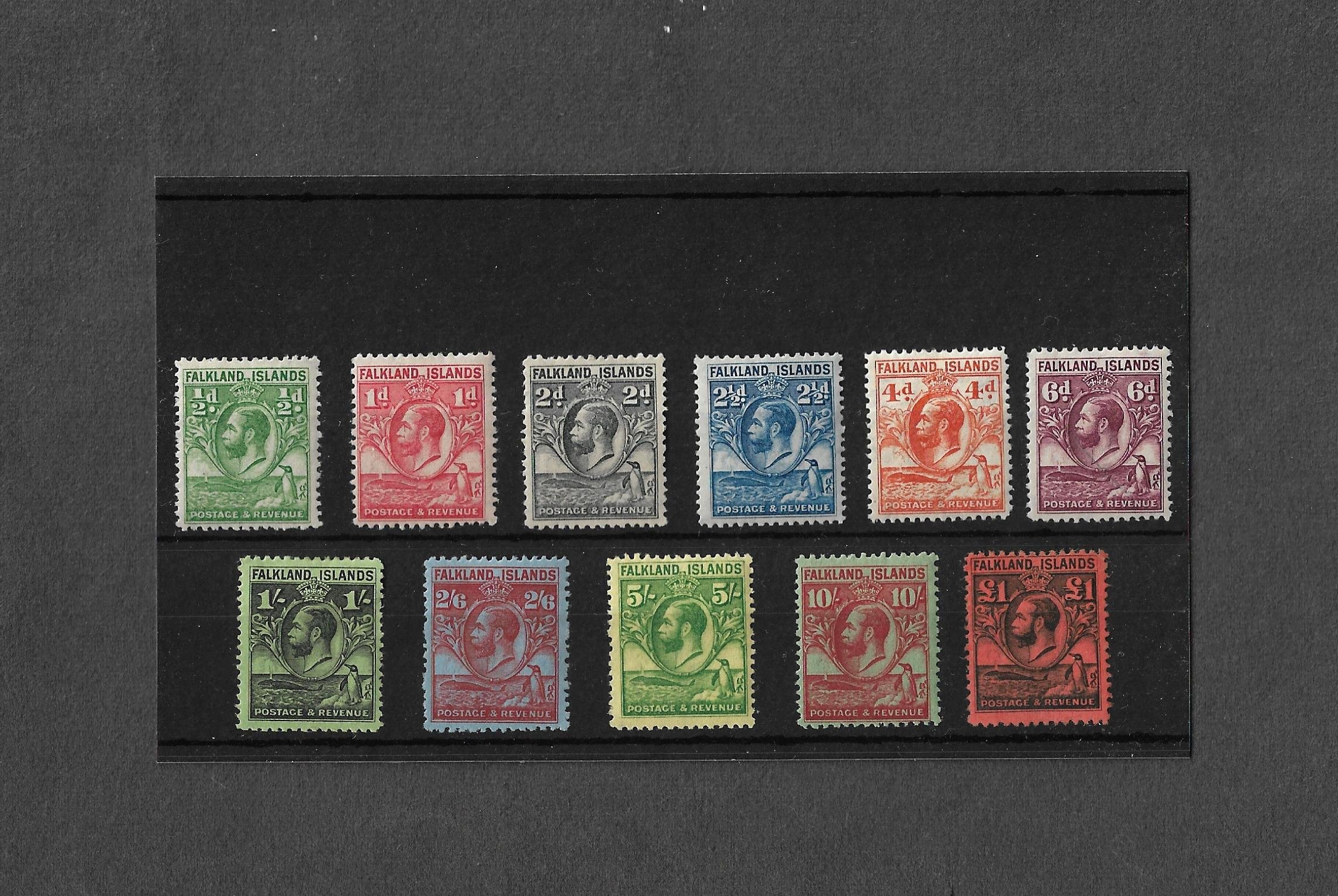 A 1929 George V Falkland Islands Full Set of Stamps to £1 in Mint Condition.