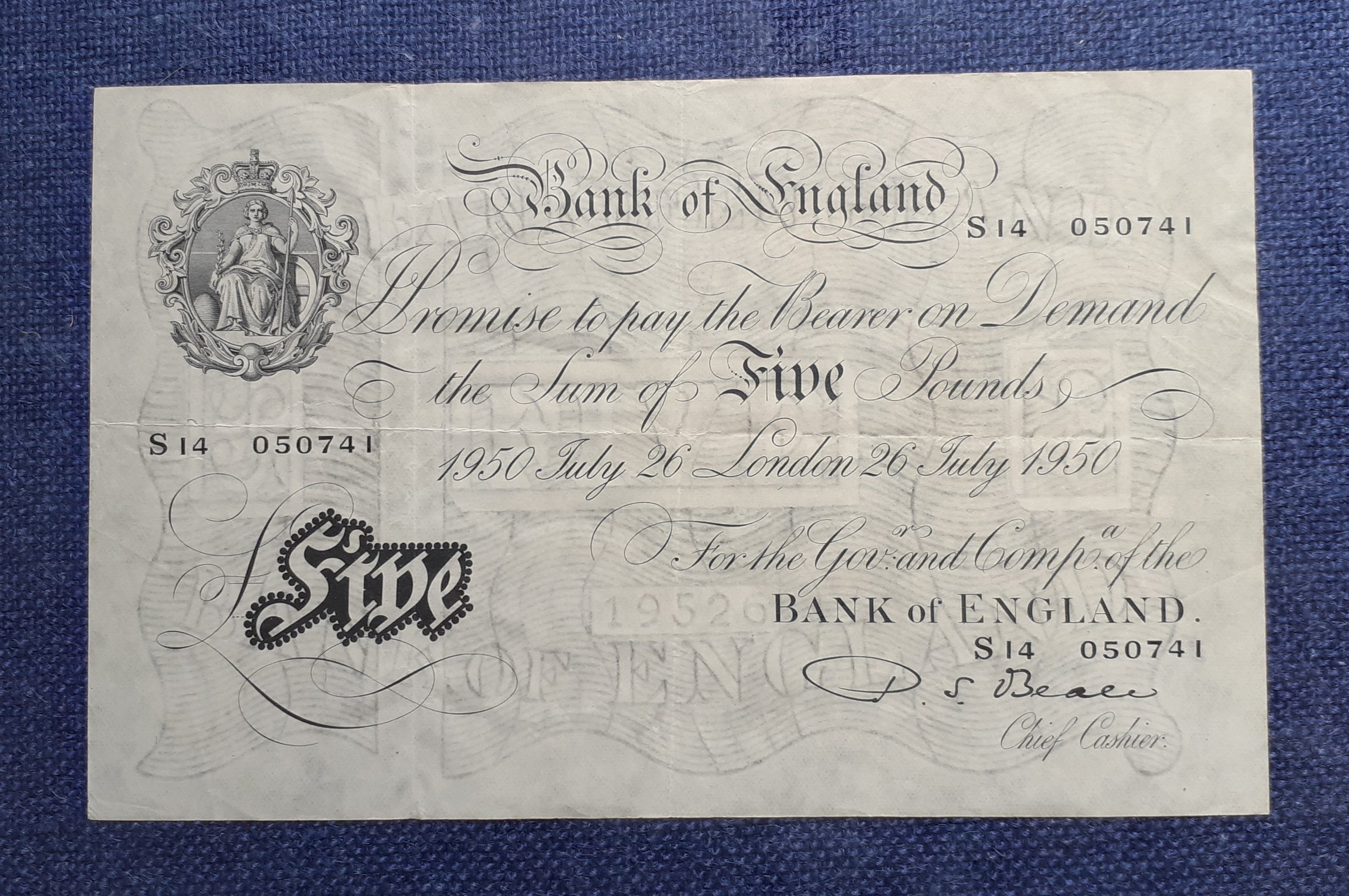 A 1950 Beale White Five Pound Note.