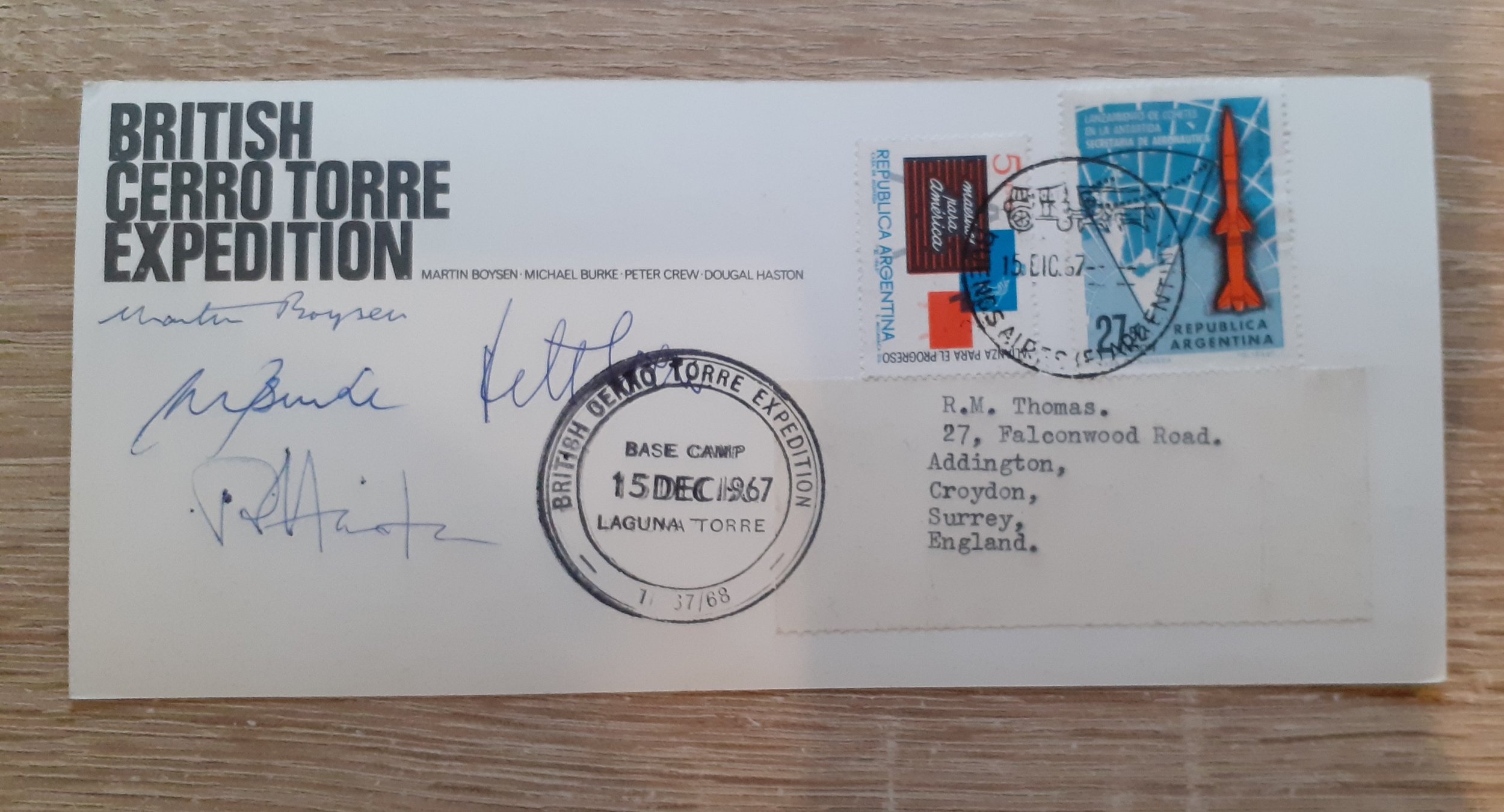 1967 Argentina British Cerro Torre Expedition Signed Postcard.