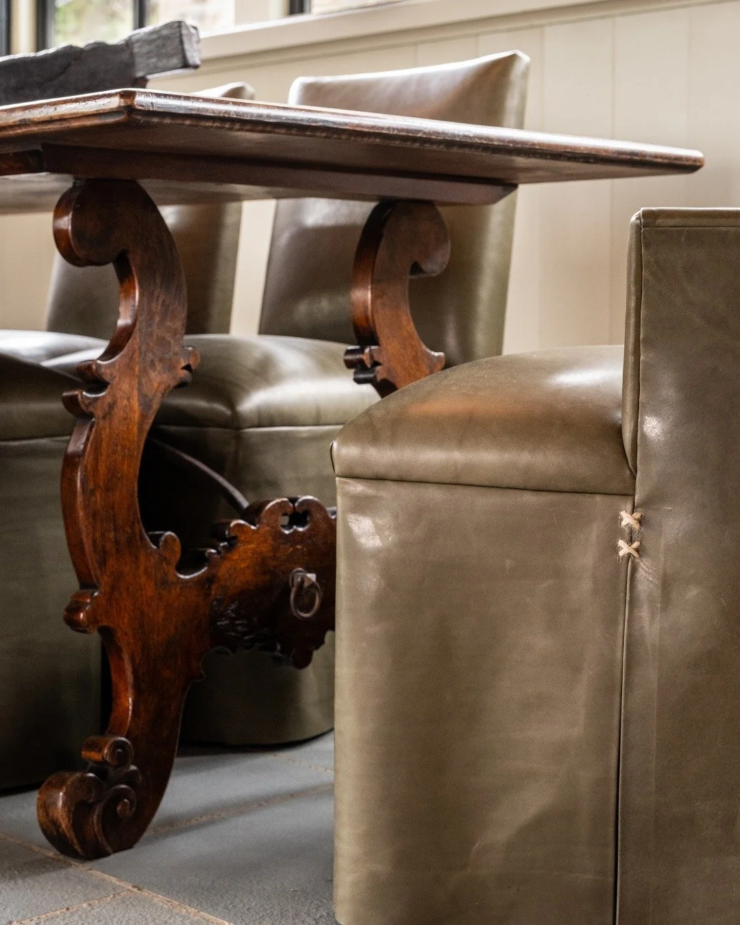 For our Riverview Retreat: Pool Cabana project, furnishings were chosen to feel grounded, durable, and appropriate for a space meant to be lived in.

These custom leather dining chairs help anchor the room&mdash;bringing comfort and longevity to a se