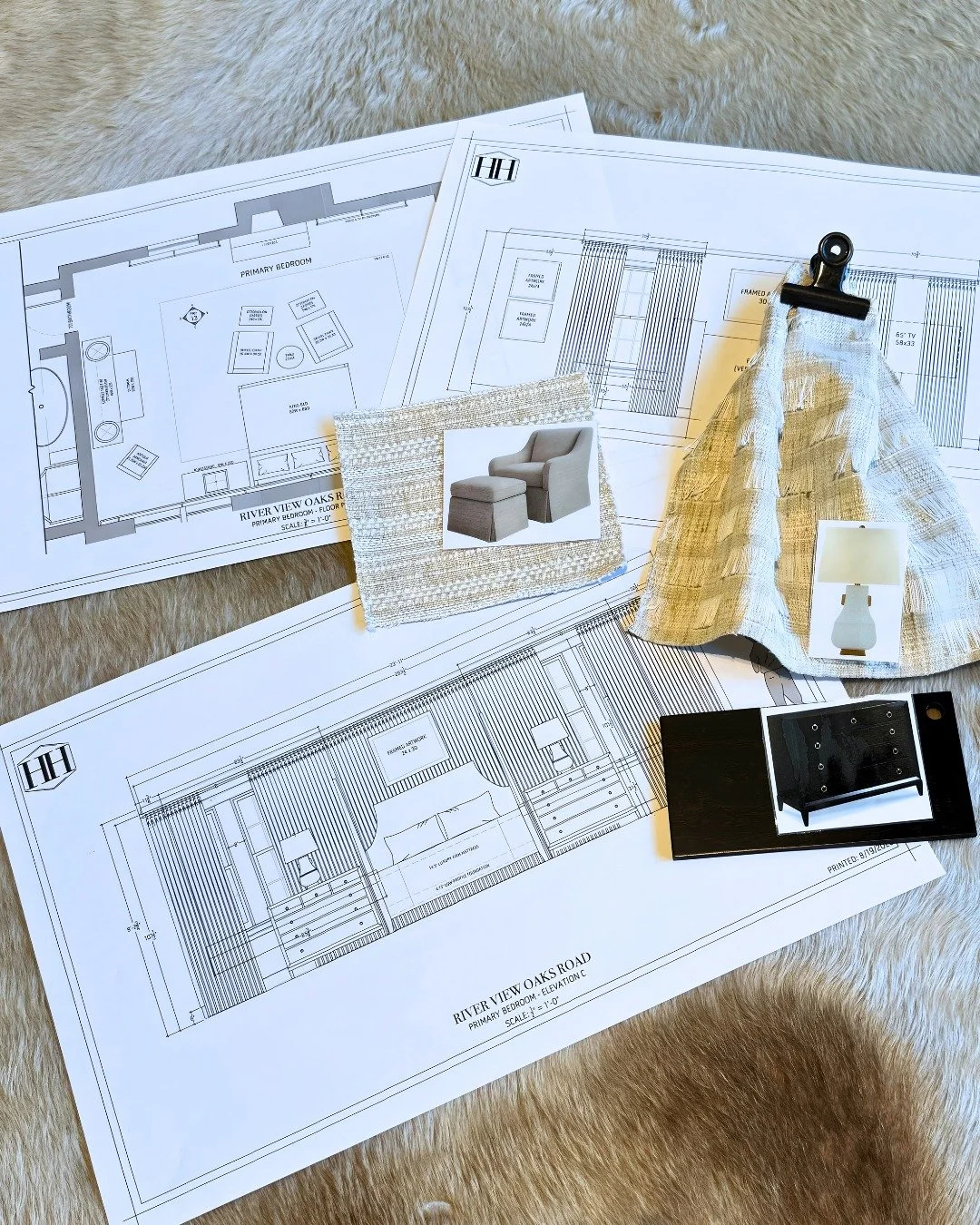 The process begins in the studio.
Plans, elevations, and material studies set the direction for the Primary Bedroom, establishing how each layer will come together.

Installation follows. Custom drapery is carefully placed, translating drawings into 