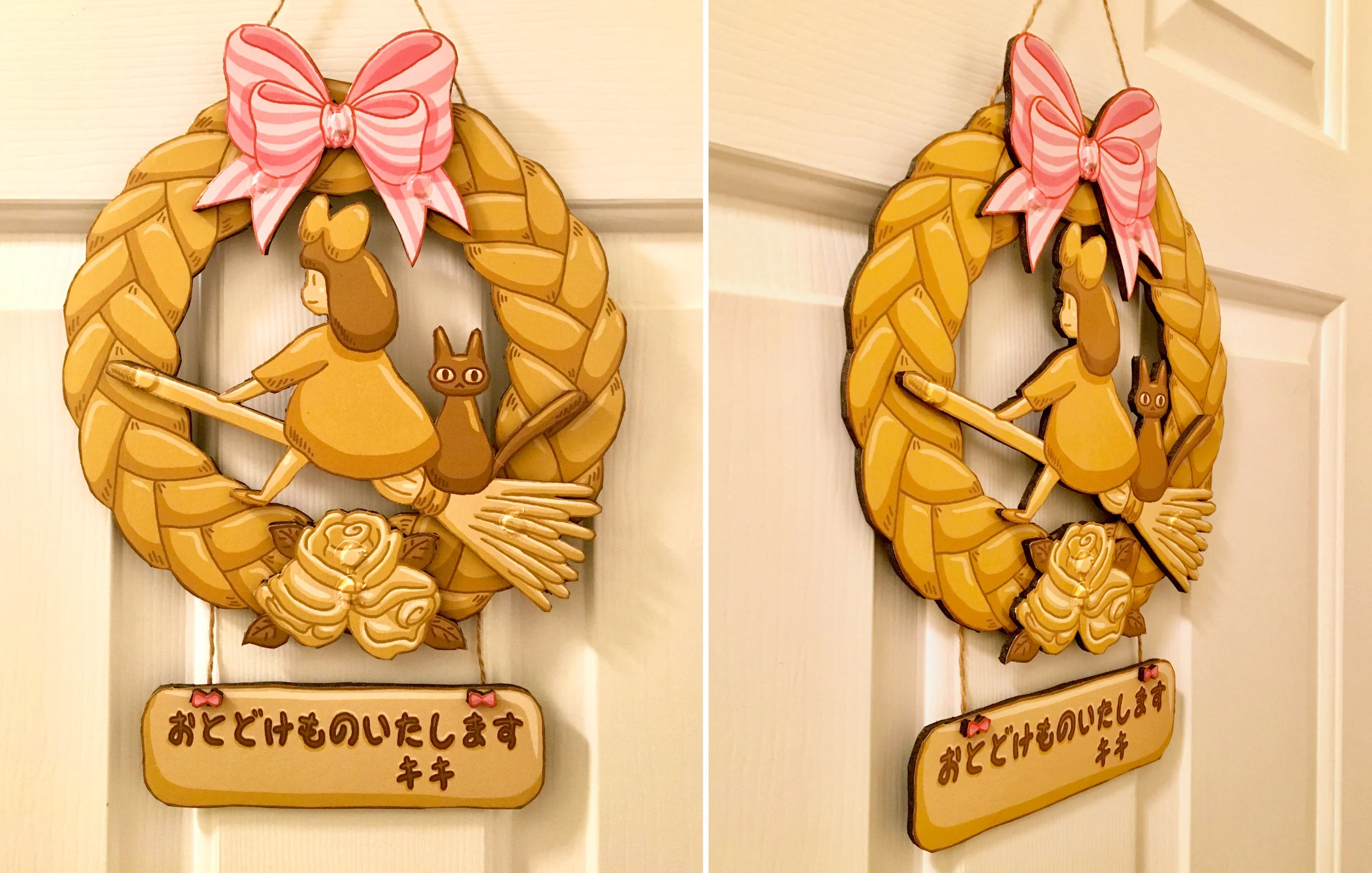 The bread sign from Studio Ghibli’s Kiki’s Delivery Service! I illustrated it in my style, backed each piece with foam, and assembled them like the actual bread sign.