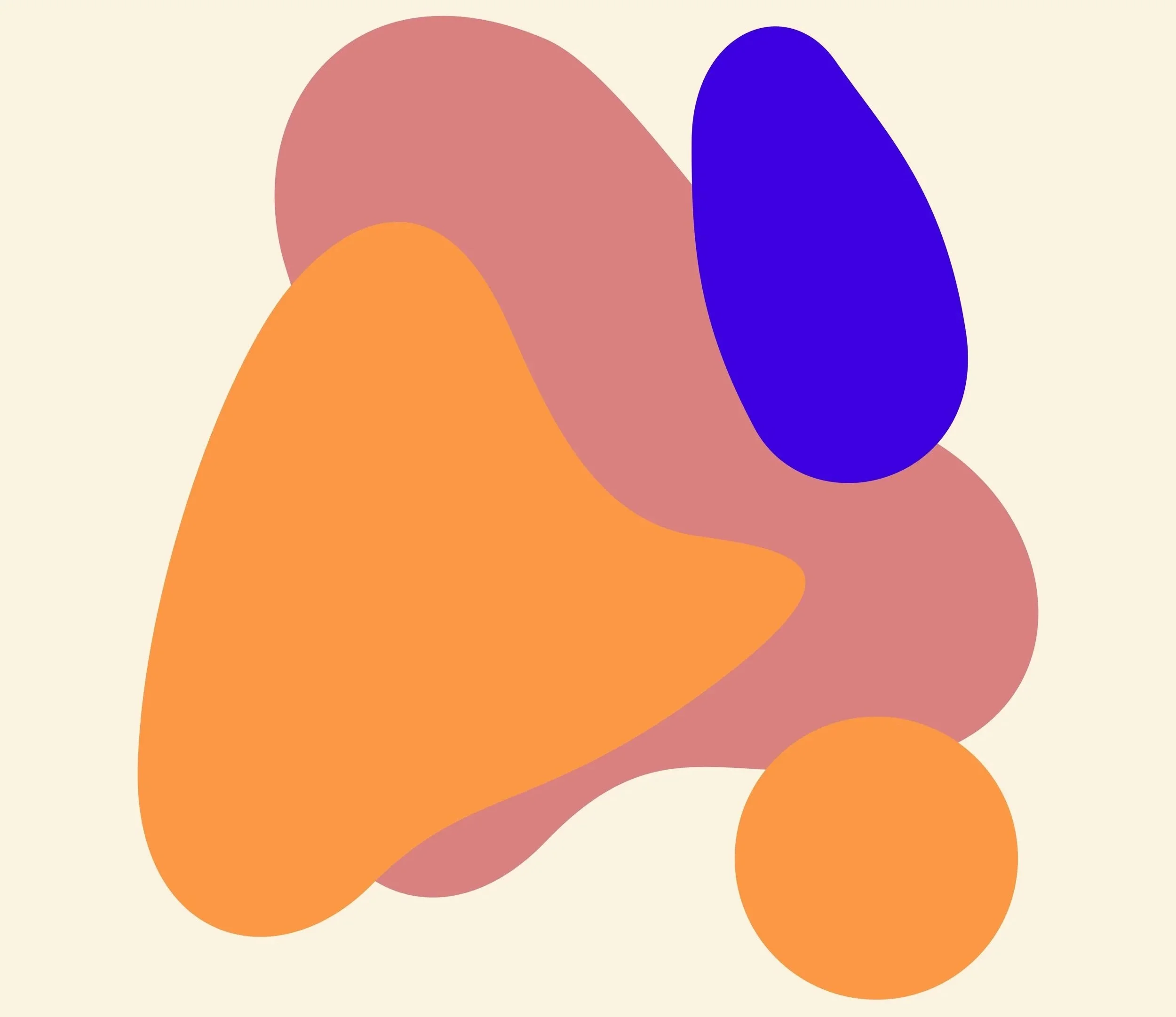 An abstract composition of overlapping organic shapes in warm orange, muted pink, and deep purple set against a light neutral background.