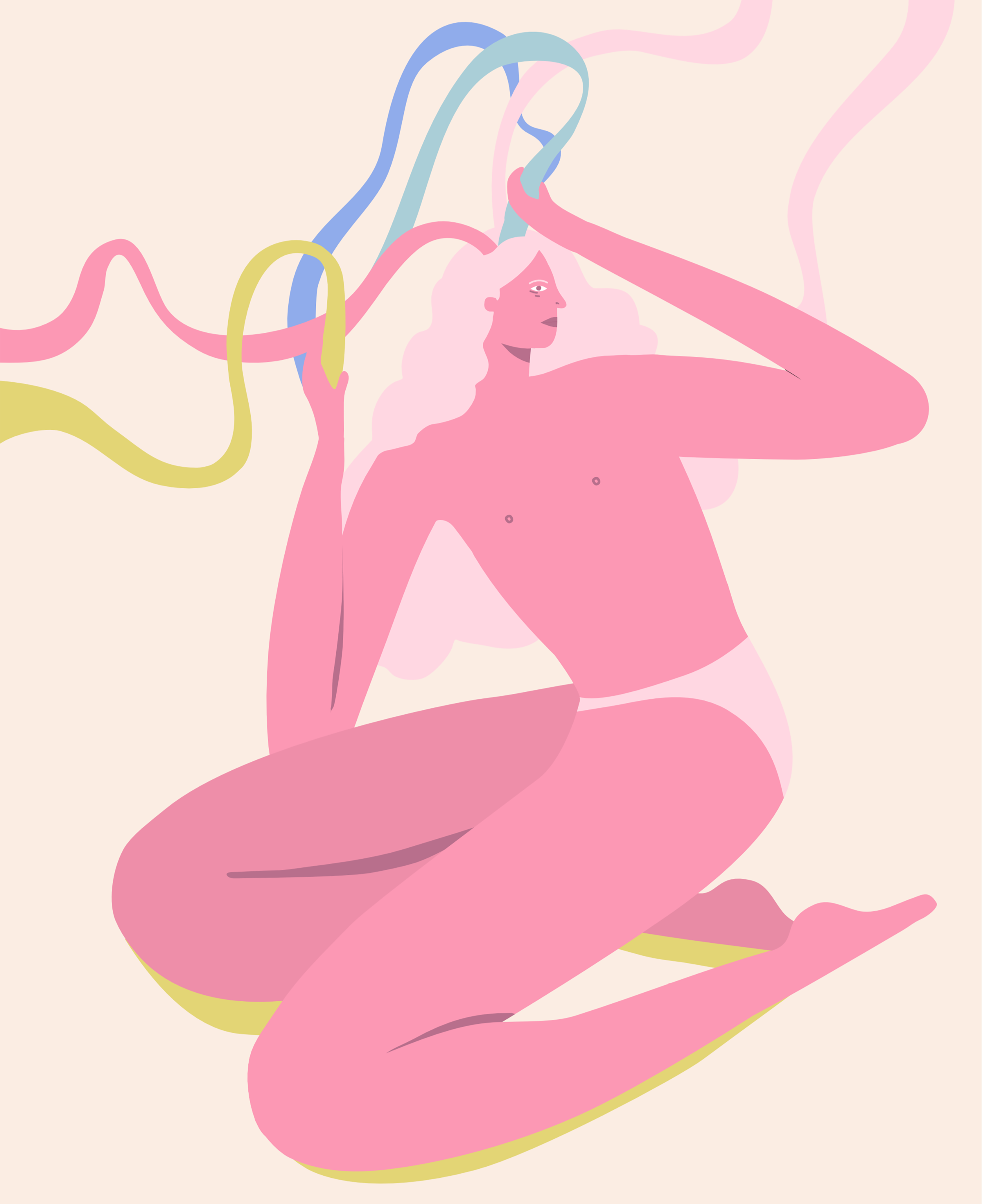 A pink woman has colorful streamers coming out of her head on a tan background.