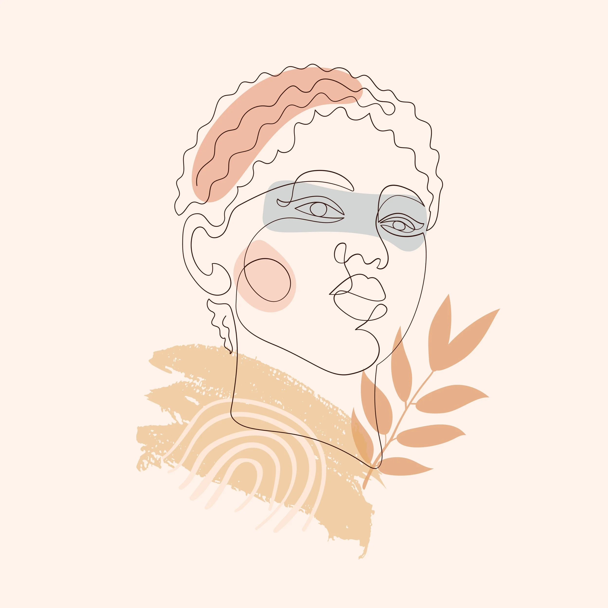 A line drawing of a woman with short hair. A peach background with leaves and various blue and pink shapes.