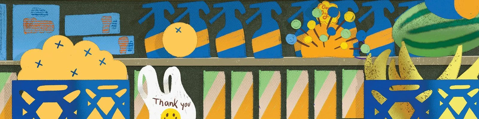 An illustration of a grocery store shelf with oranges, a spray bottle and a shopping bag.