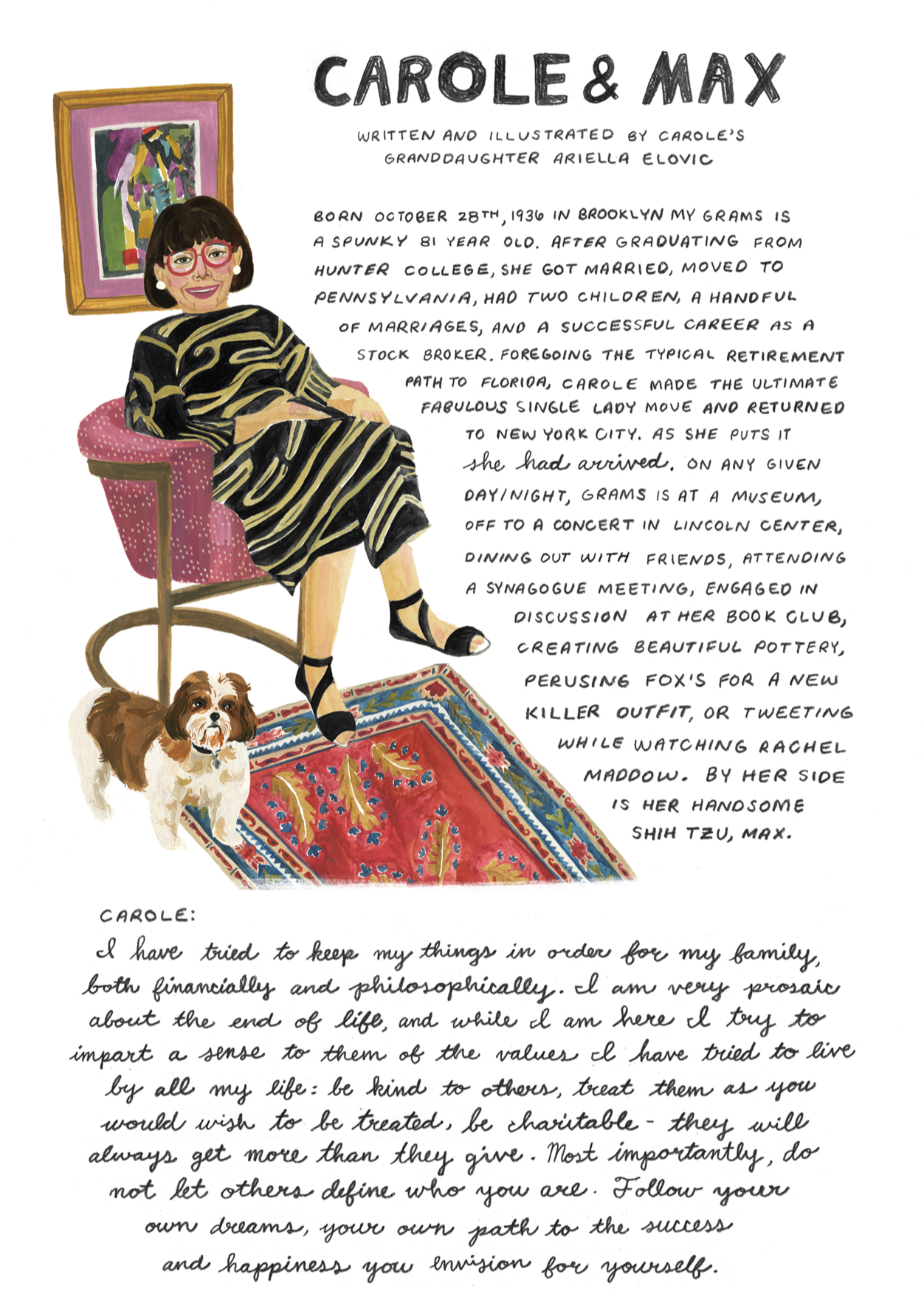A painted portrait of an older woman seated confidently in a patterned dress with her dog nearby, accompanied by handwritten text telling her life story, personality, and reflections on aging.