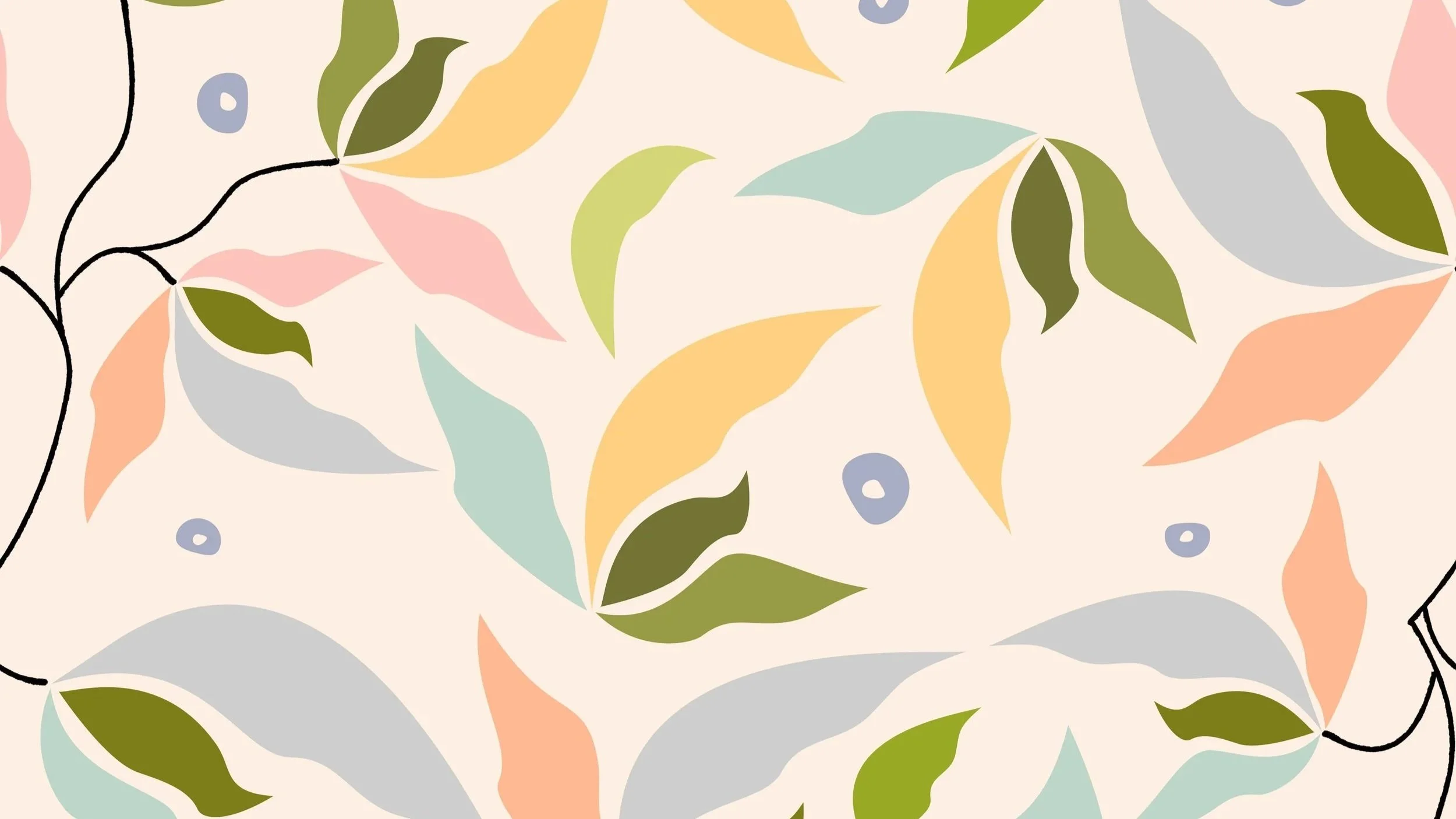 A soft, abstract pattern of multicolored leaves and small circular shapes scattered across a light background, with delicate black lines suggesting branches.
