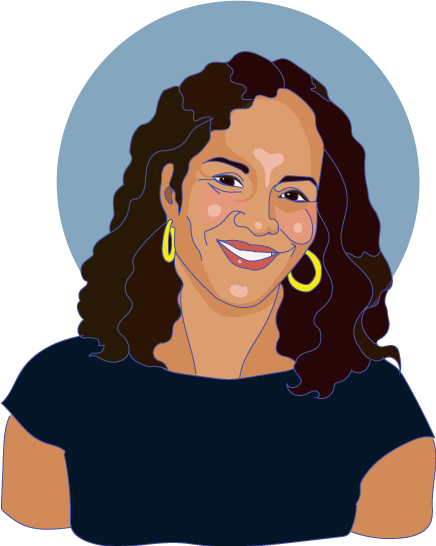 An illustration of a woman with long black hair, wearing a black shirt, and smiling in front of a blue circle.