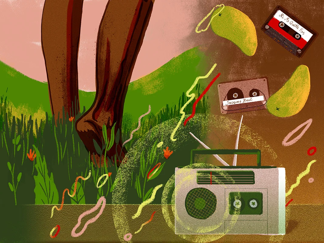 An illustration of legs walking in grass with a radio and grassy hills.