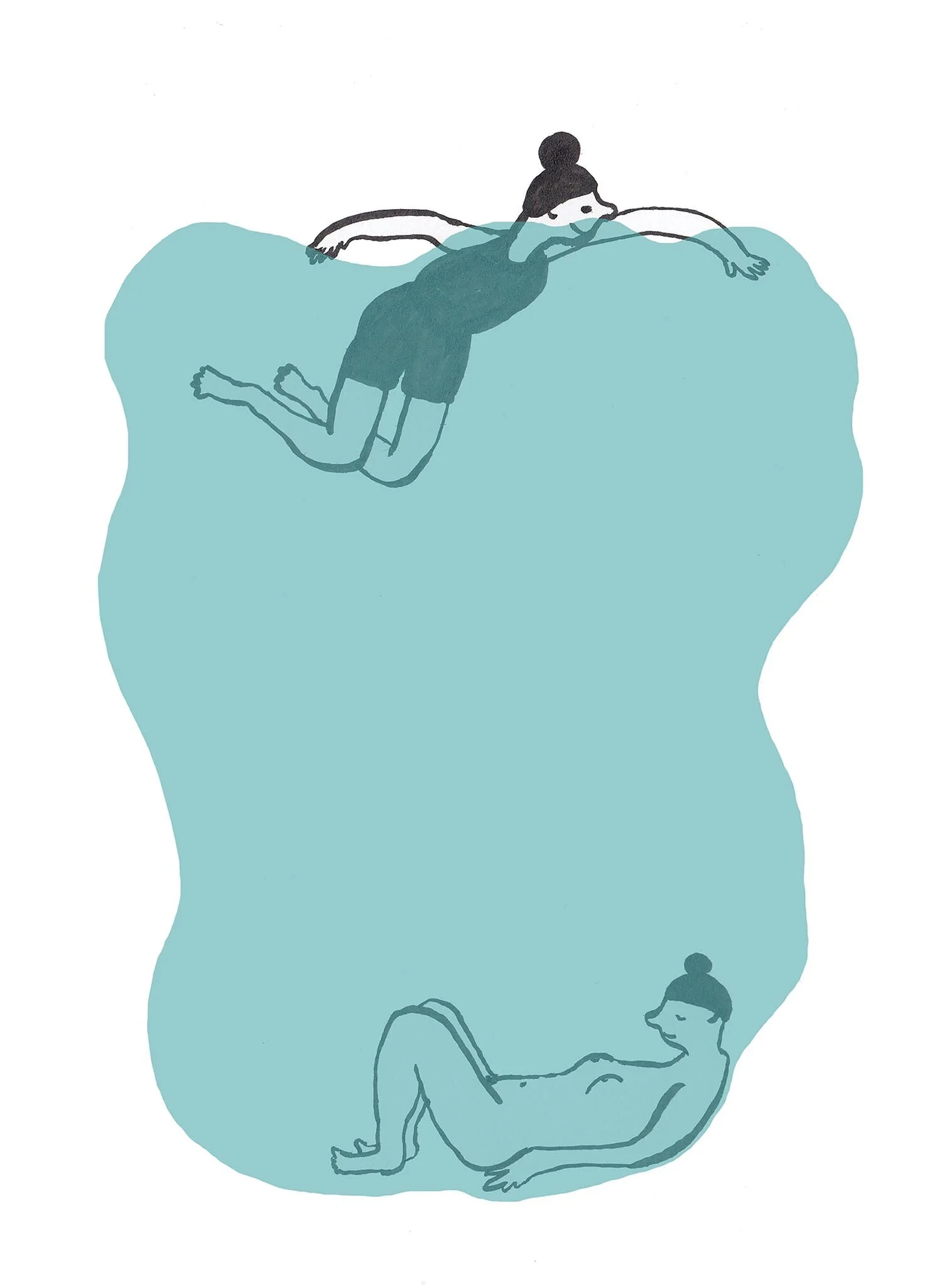 An illustration of a person swimming in a large blue splotch. Another person is laying on the bottom.