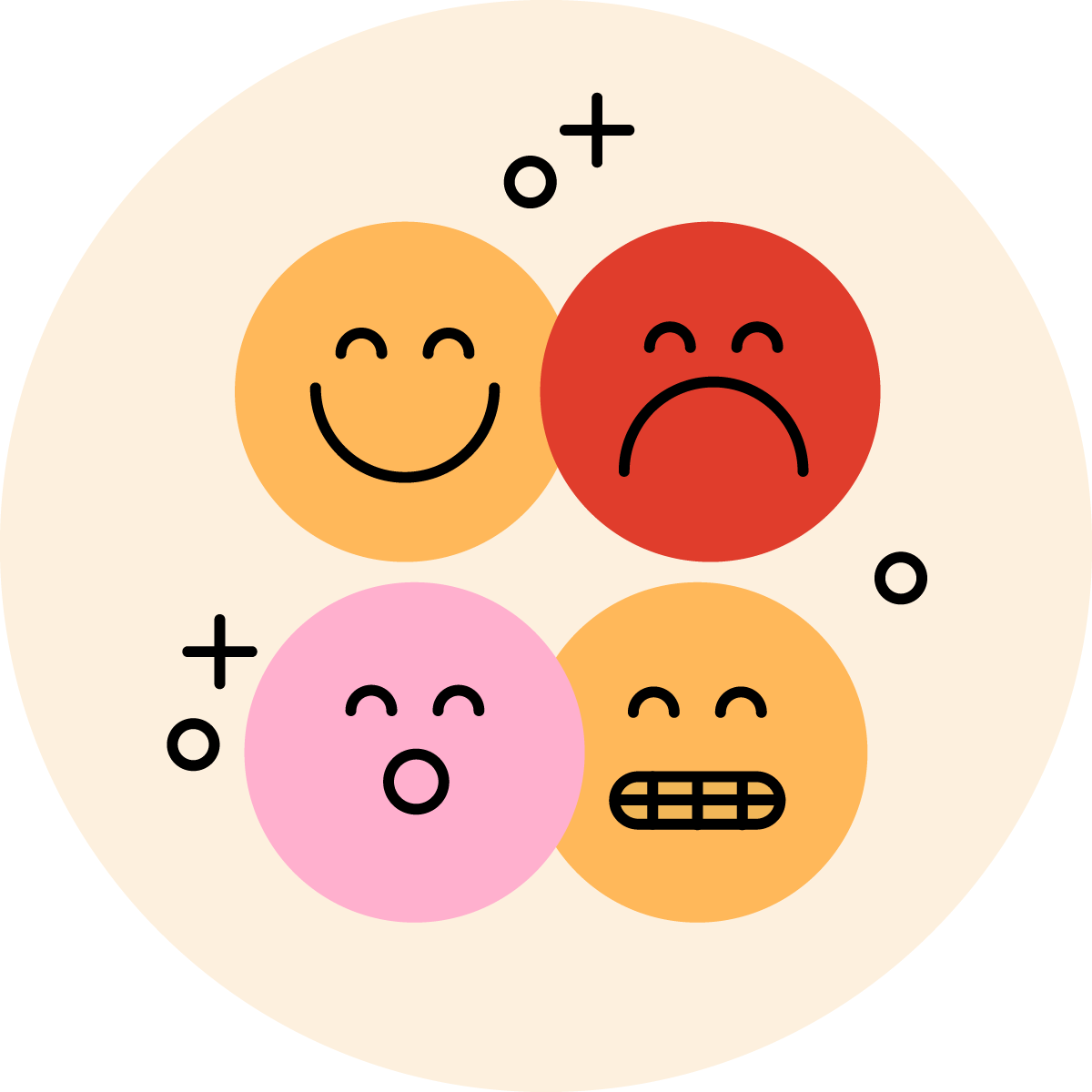 A set of facial expressions showing different emotions, symbolizing hormonal changes and mood.